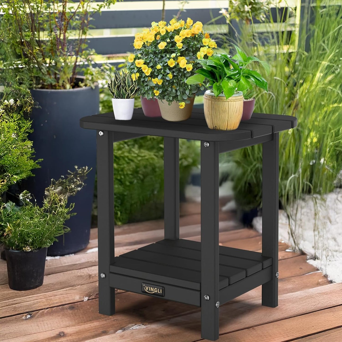 VINGLI Outdoor Side Table, 2-Tier HDPE Adirondack Side Table with Storage, Weather-Resistant Patio End Table for Backyard, Pool, Deck, Indoor Use (Black)