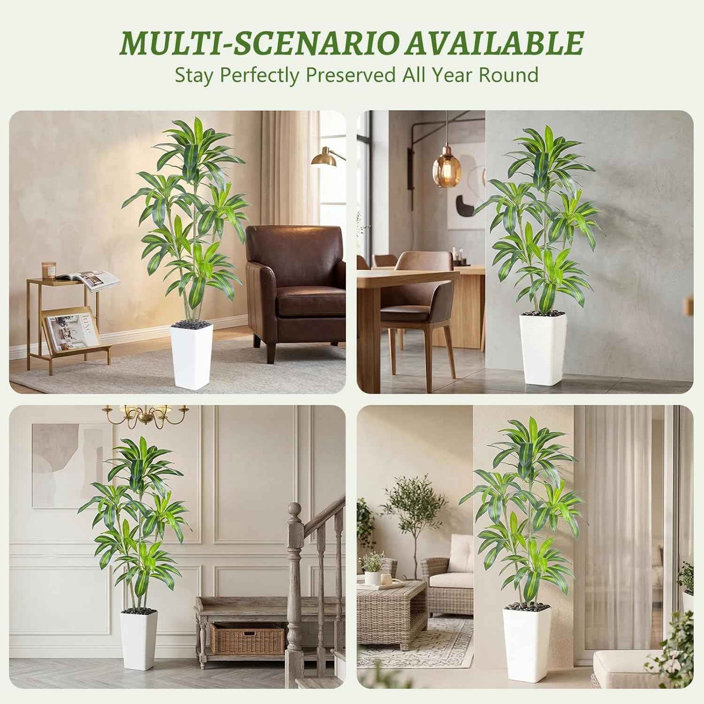 Artificial Dracaena Tree, 6FT Artificial Plants Indoor with White Tall Planter, Faux Yucca Silk Tree Fake Tropical Floor Plant in Pot, Fake Plants for Home House Room Office Entryway Porch Decor