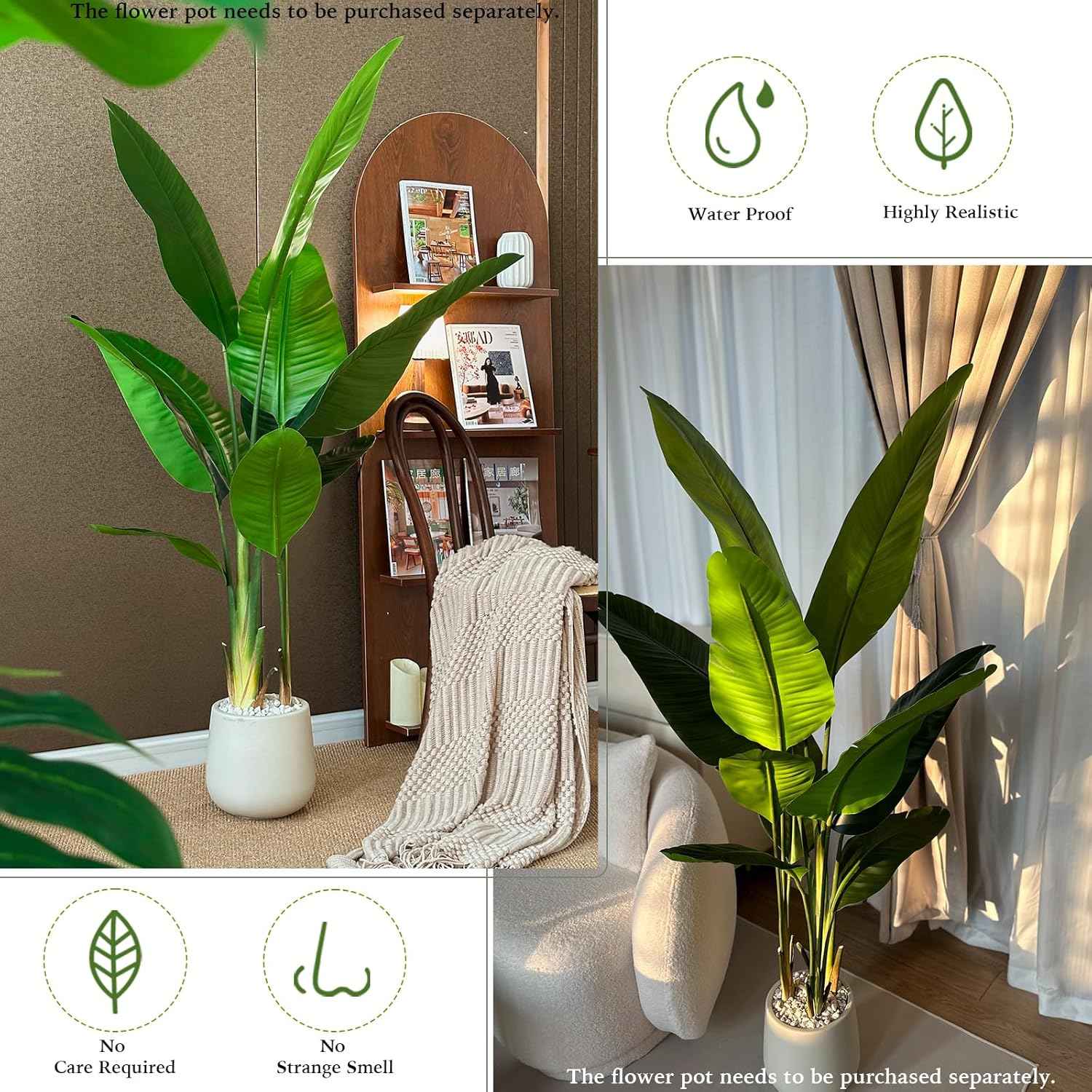 6FT Artificial Bird of Paradise Plant, Faux Artificial Trees, Tall Fake Realistic Tree, 11 Trunks Silk Leaf Plant with Plastic Pot for Home Office Decor Indoor Outdoor Modern Decoration