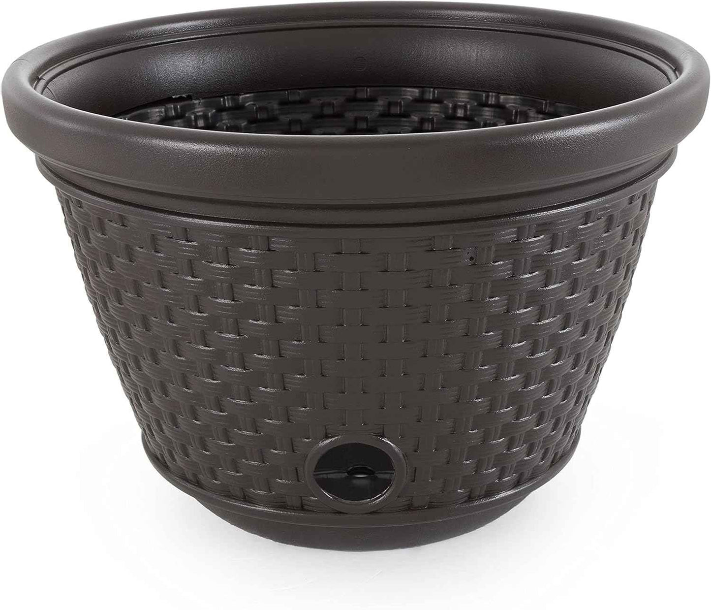 Suncast Decorative Wicker Garden Hose Holder Pot with 4 Drain Holes for 100 Foot Hoses, Java