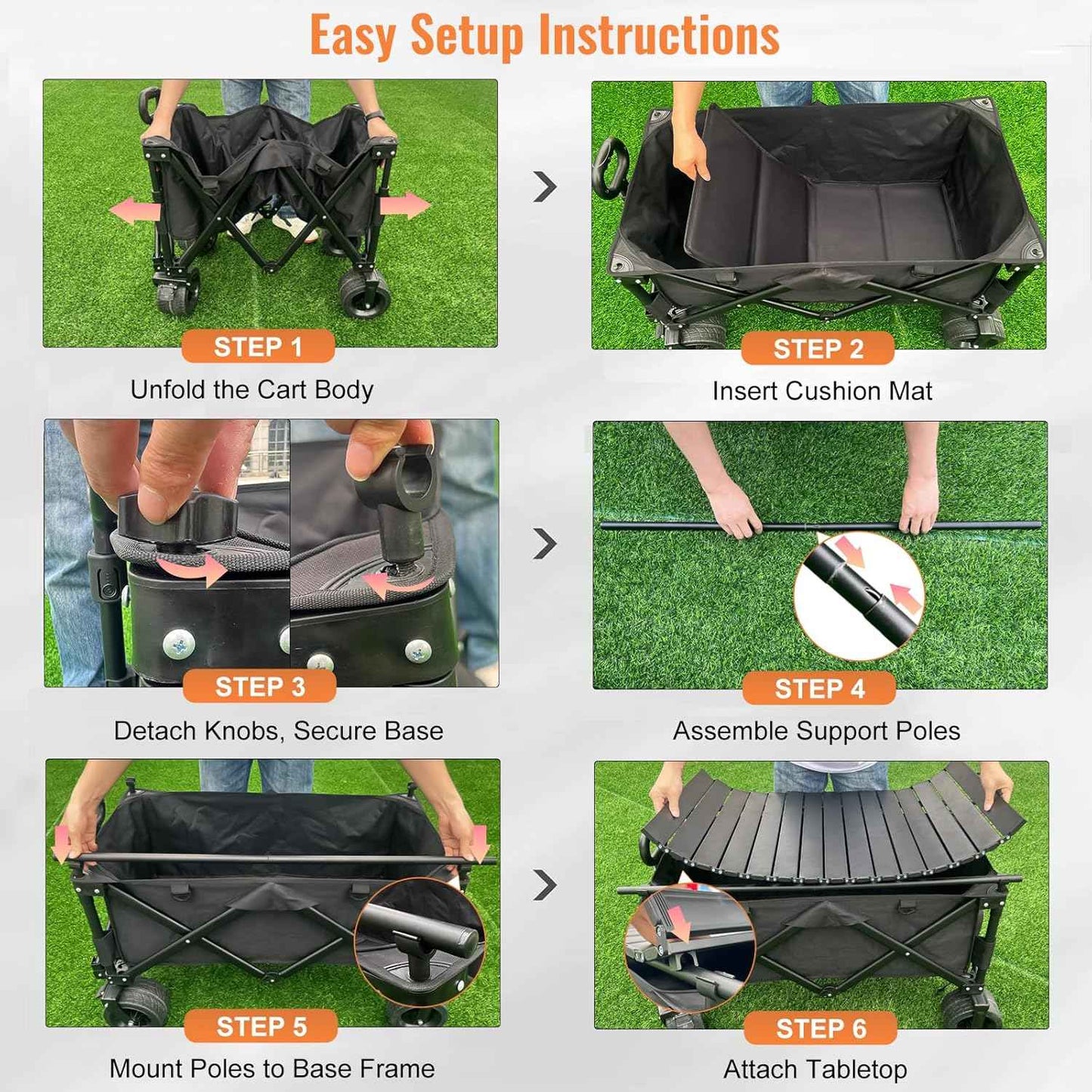 Heavy Duty Collapsible Folding Wagon with Table, 440LBS Capacity Utility Wagon Cart with All-Terrain Wheels, Foldable Beach Camping Wagon for Garden, Sports, Picnics Black
