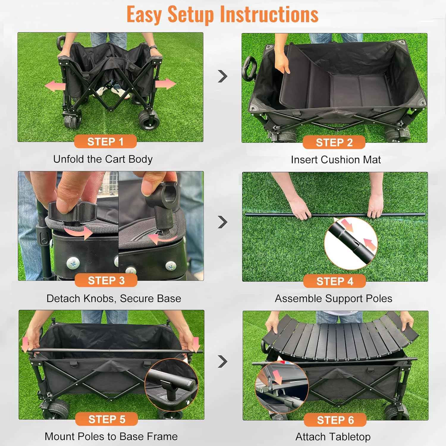 Heavy Duty Collapsible Folding Wagon with Table, 440LBS Capacity Utility Wagon Cart with All-Terrain Wheels, Foldable Beach Camping Wagon for Garden, Sports, Picnics Black