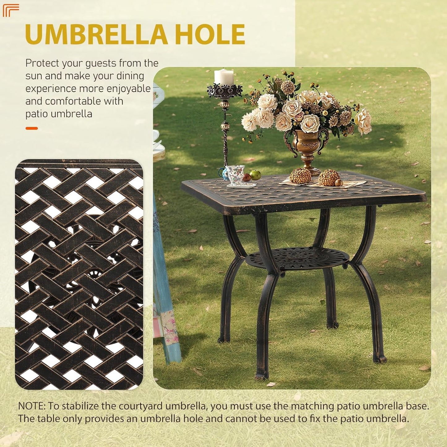Outvita Patio Side Table, 21.3in Outdoor Square Cast Aluminum Bistro Table and Antique Design for Backyard Porch Pool Balcony Deck White