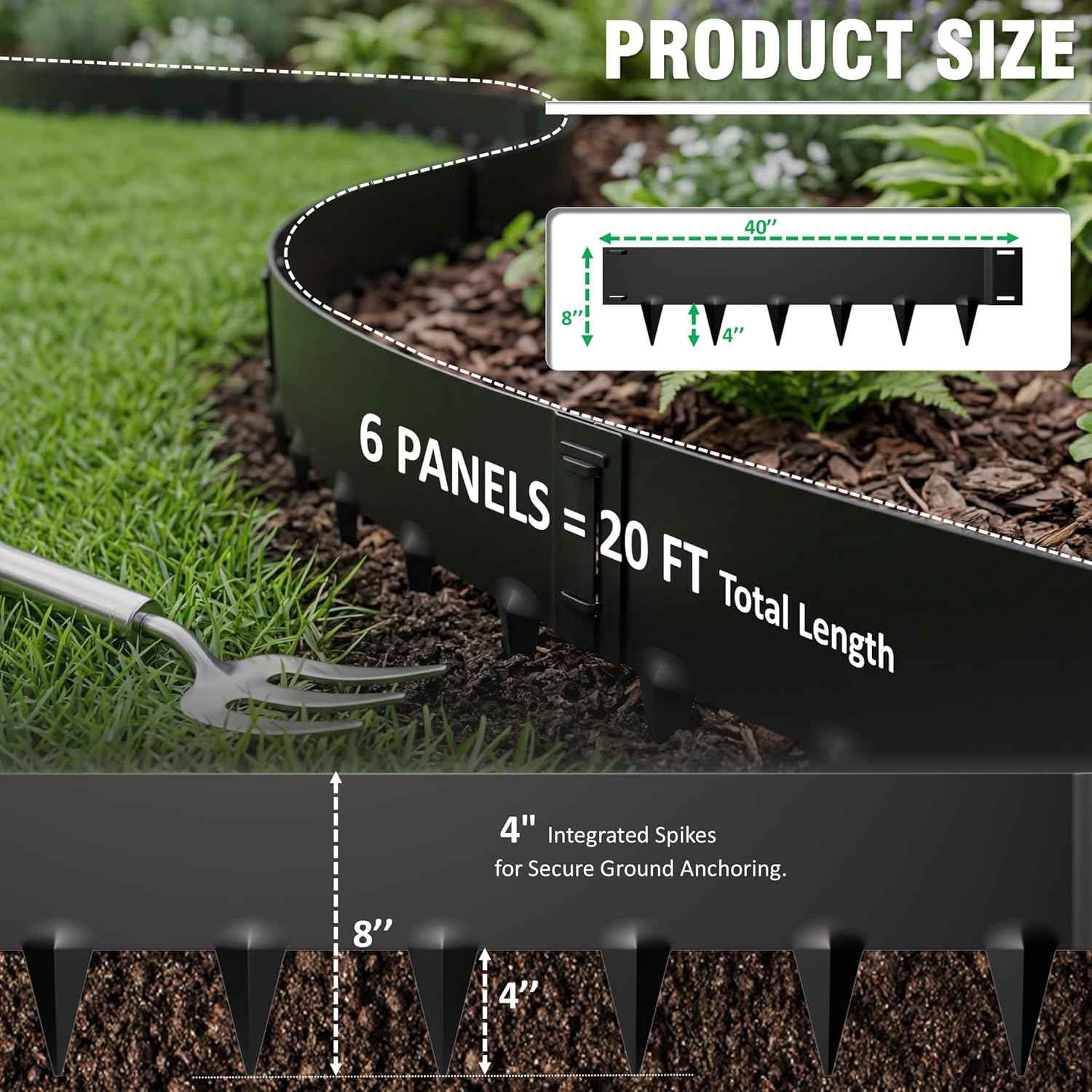 Metal Landscape Edging 20FT – 8” Tall Galvanized Steel Garden Border with Built-in Spikes & Connector Pins, No Dig Flexible Lawn Edging for Landscaping, Yard, Walkways & Flower Bed