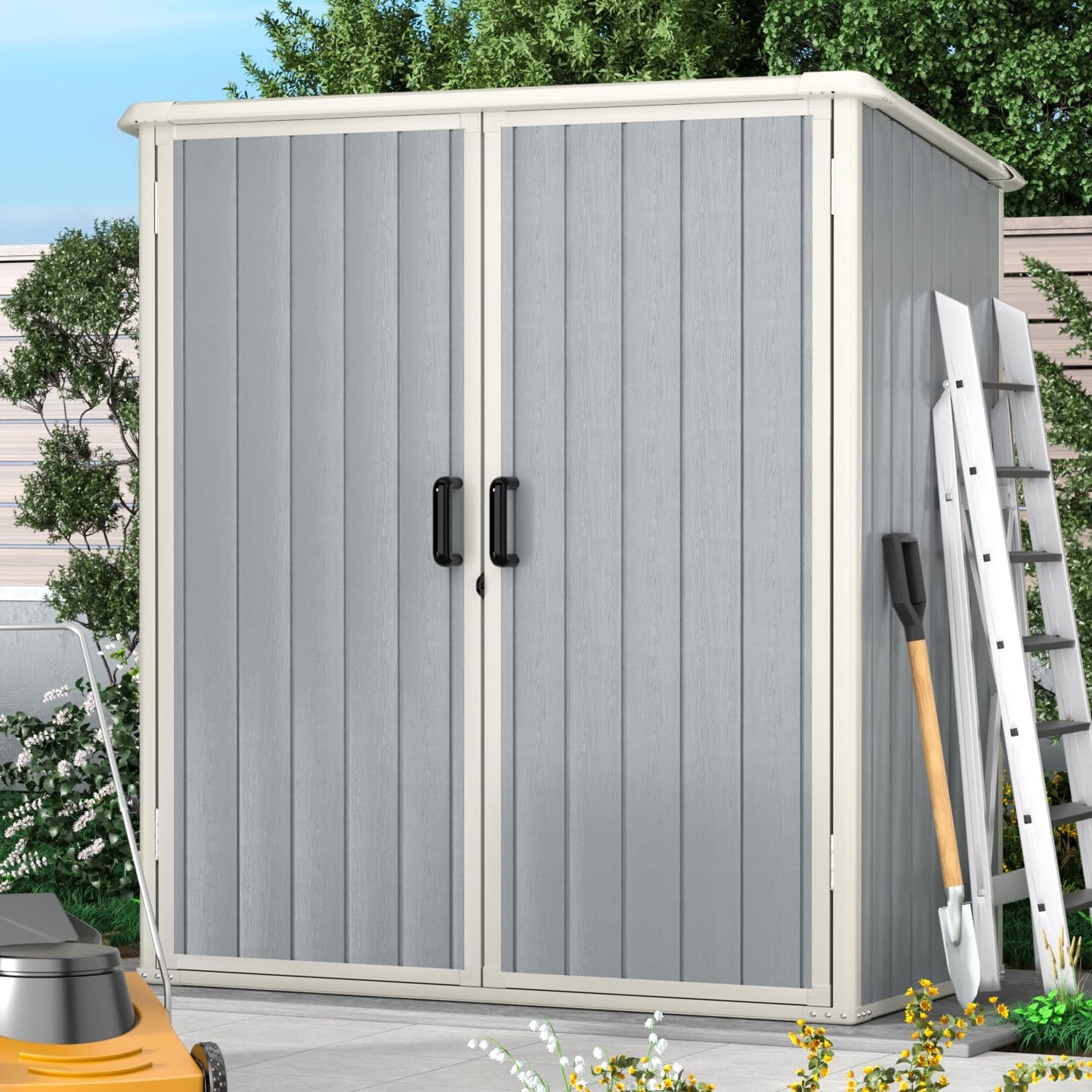 Aoxun Outdoor Storage Shed 5 x 3FT, Resin Shed with Floor and Lockable Door, Plastic Sheds for Garbage Can, Tool, Accessories, Lawn, Garden - Grey
