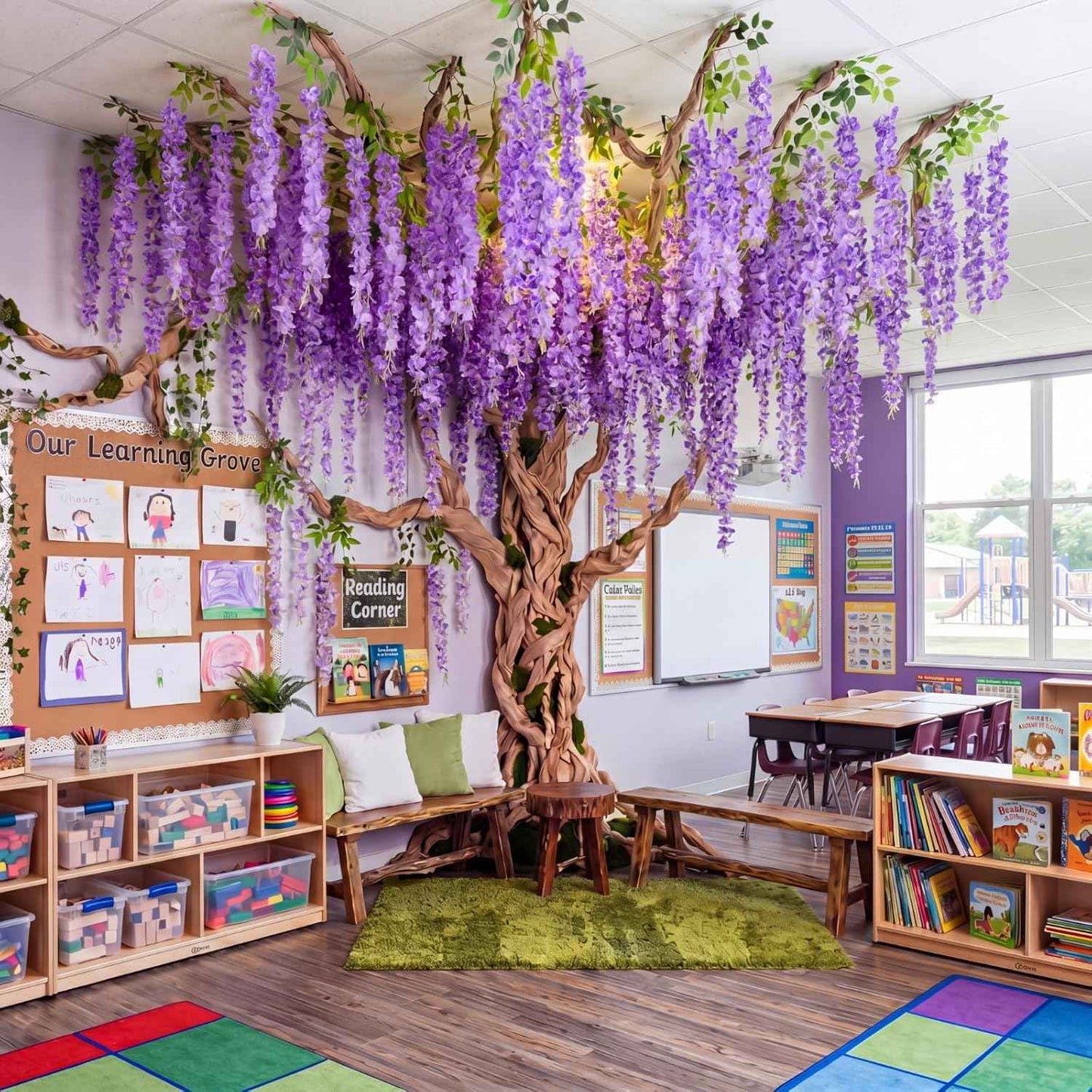 XunYee 40 Pcs 3D Wisteria Tree Wall Decor for Room Classroom Ceiling Artificial Wisteria Hanging Flower DIY Cardboard Paper Tree with Vine Kraft Paper Fairy Bulletin Board Decoration(Purple)