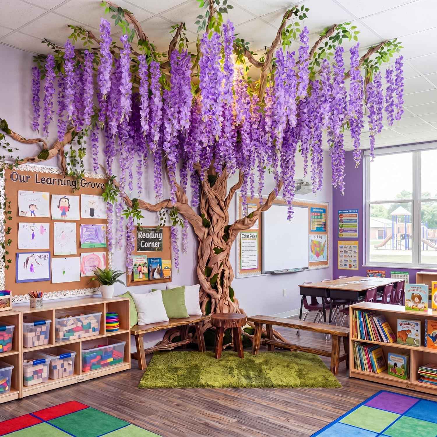 XunYee 40 Pcs 3D Wisteria Tree Wall Decor for Room Classroom Ceiling Artificial Wisteria Hanging Flower DIY Cardboard Paper Tree with Vine Kraft Paper Fairy Bulletin Board Decoration(Purple)