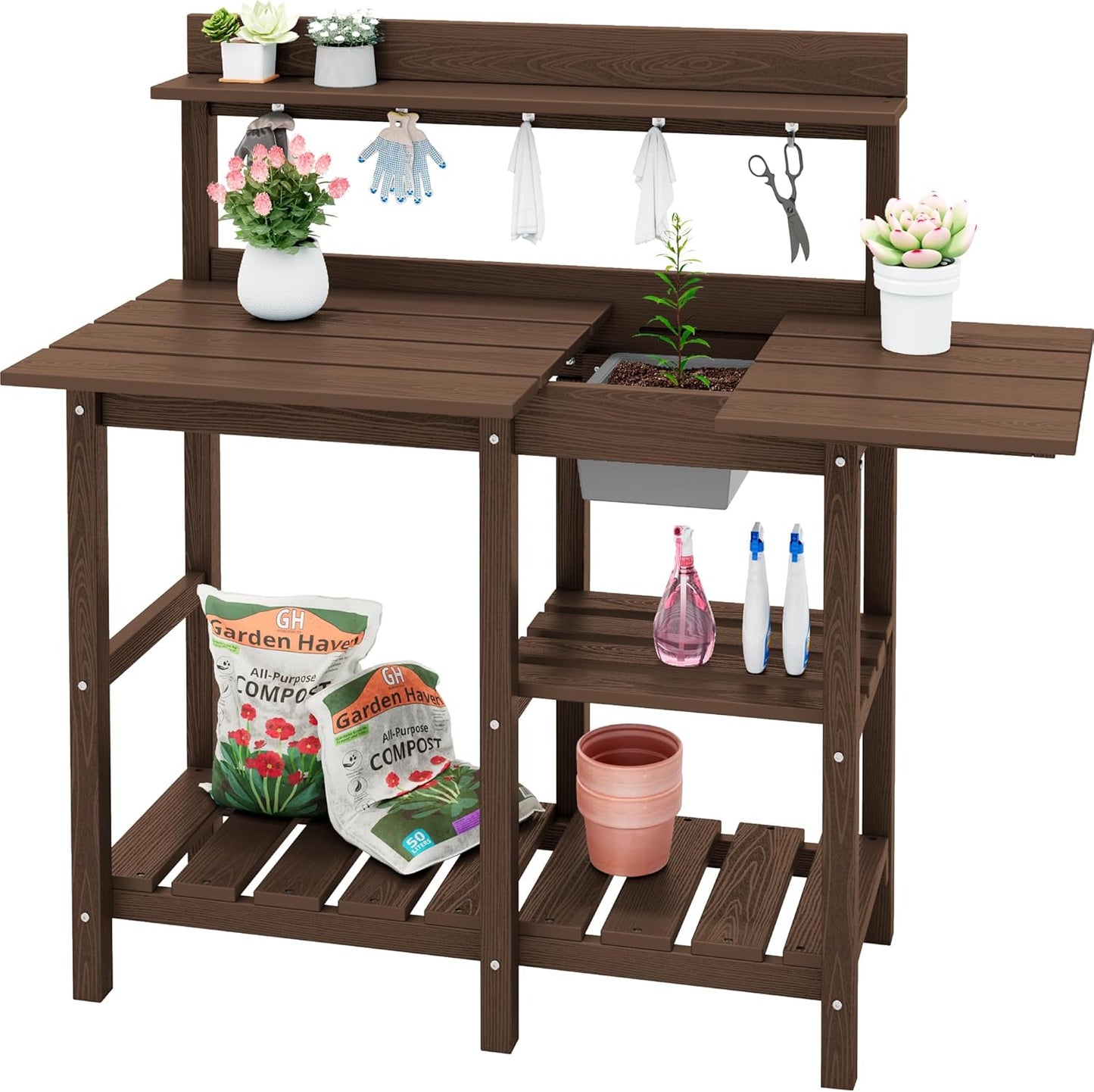 SERWALL Potting Bench Outdoor Potting Table with Sink, HDPE Potting Benches for Outside Gardening Table All Weather Use- Coffee