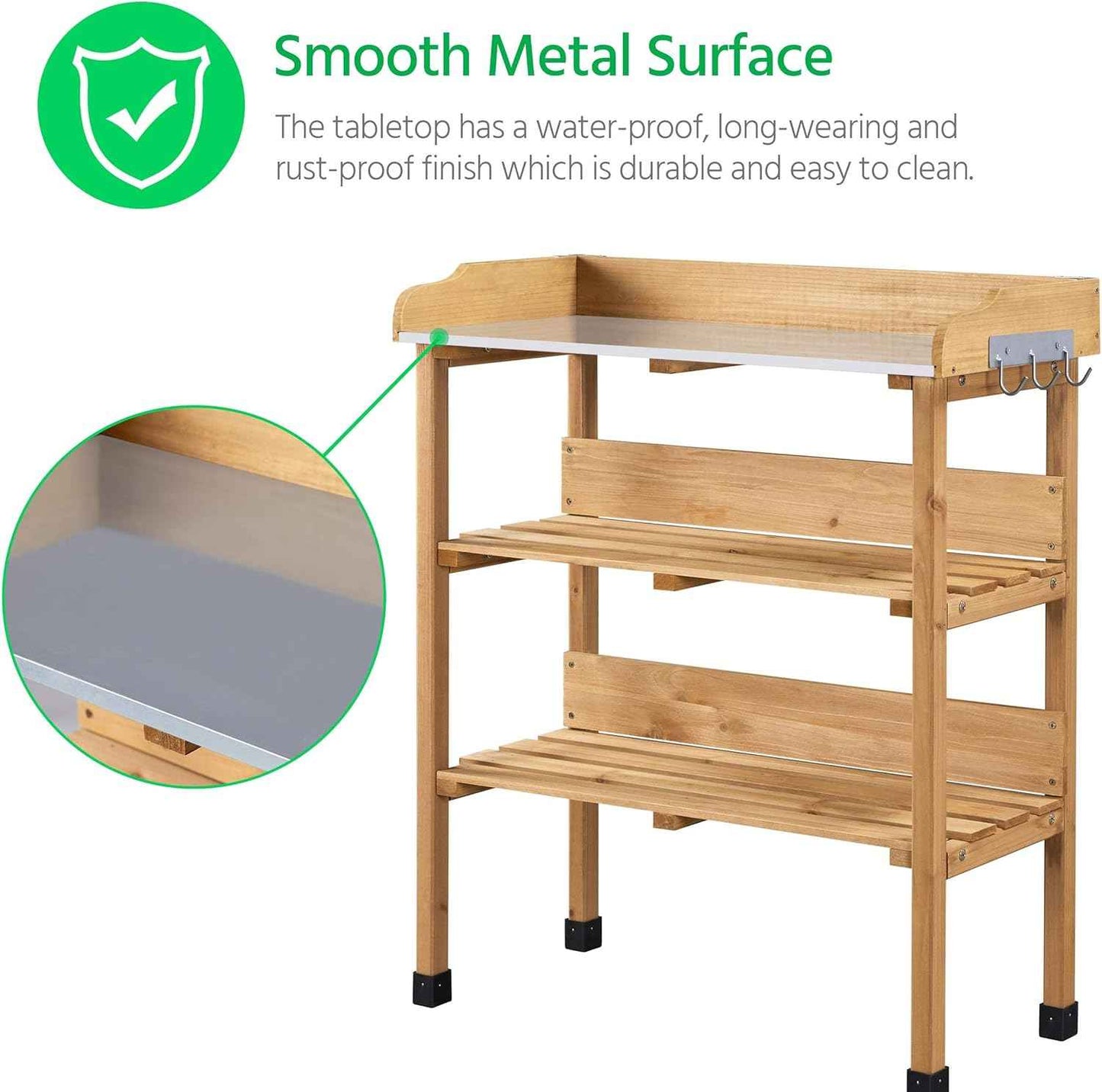 Topeakmart Potting Bench Table w/Metal Tabletop for Garden, Fir Wood Workstation w/3 Tier Shelves, Outdoor Work Bench w/Hook Natural Wood