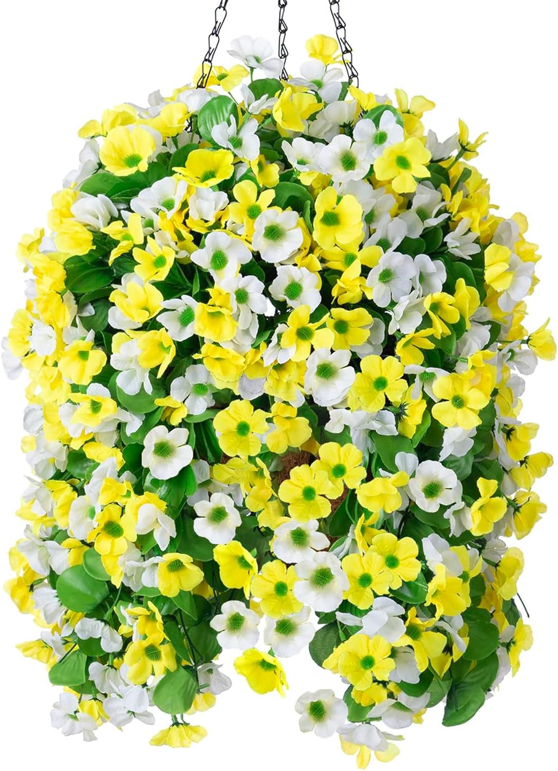 Ammyoo Artificial Hanging Flowers in 12 inch Basket, Fake Plant Silk Orchid Flower Arrangement with Coconut Lining Pot Planter for Patio Garden Porch Deck Spring Summer Decor(Yellow White)