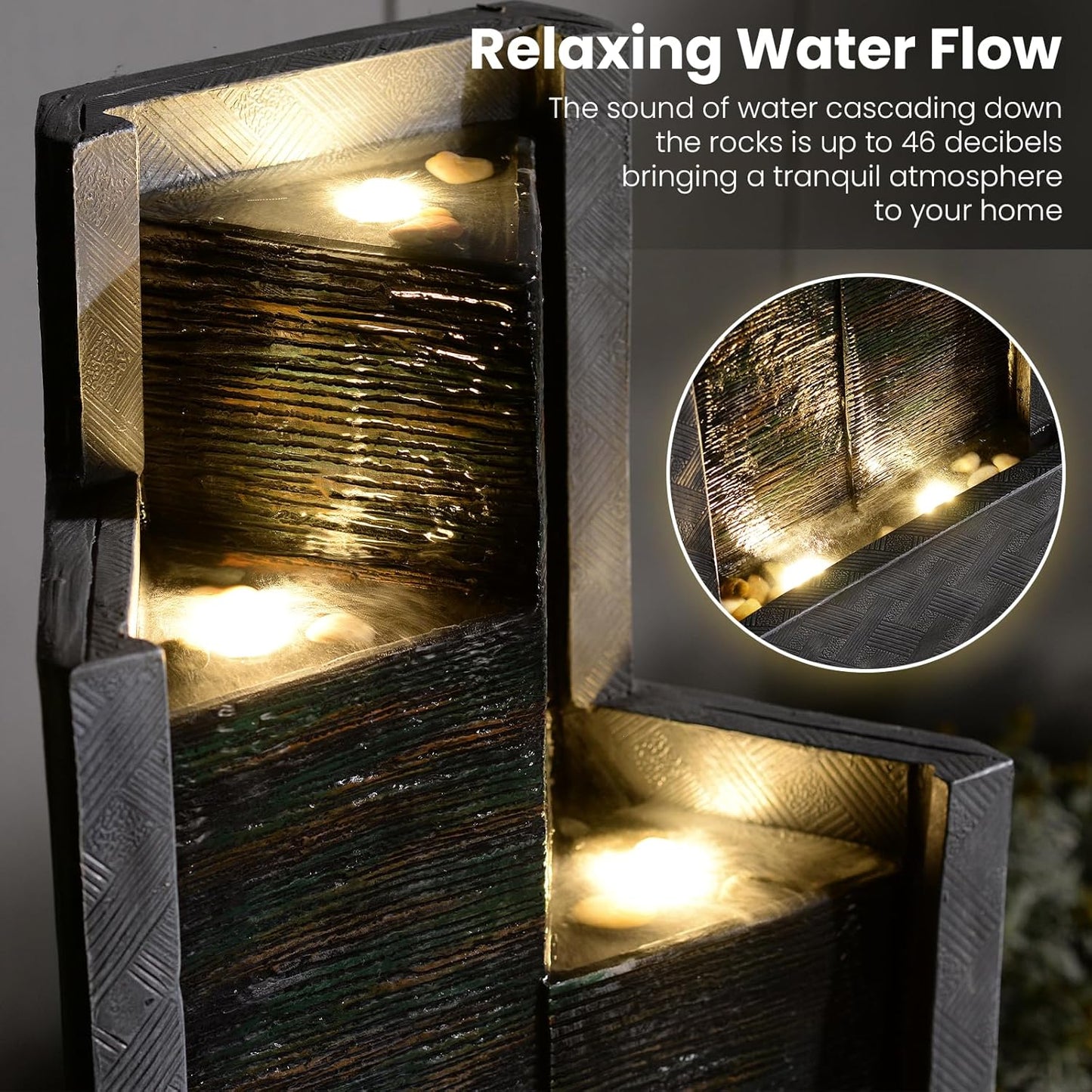 49.6" H Garden Fountains Outdoor Modern Cascading Indoor Water Fountain Tall Floor - Standing Fountain with Lights for Garden, Patio, Yard, Deck and Home Art Decor
