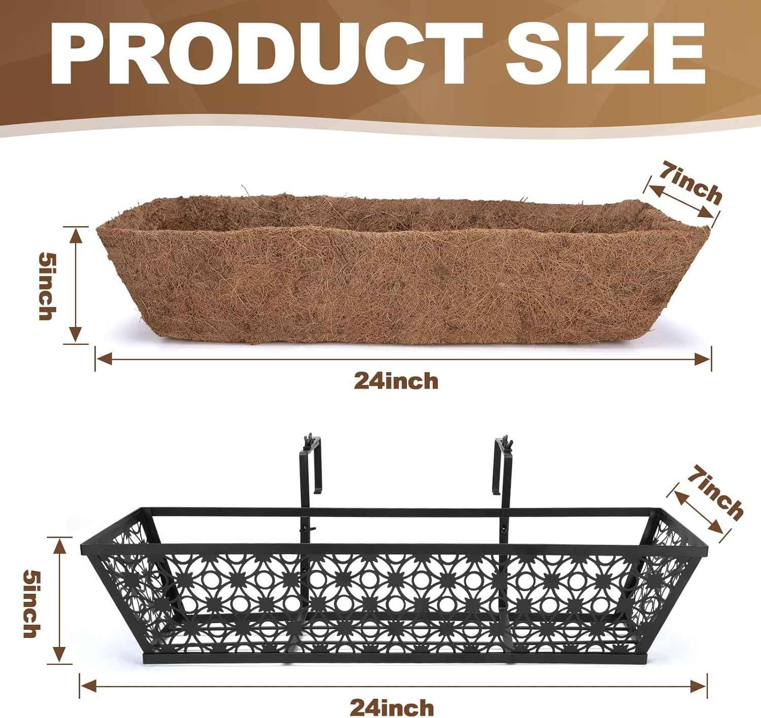 24 Inch Window Box Planters Outdoor,Deck Railing Planter Boxes with Coco Liner,Metal Hanging Window Flower Boxes for Balcony Fence Porch Garden Railing