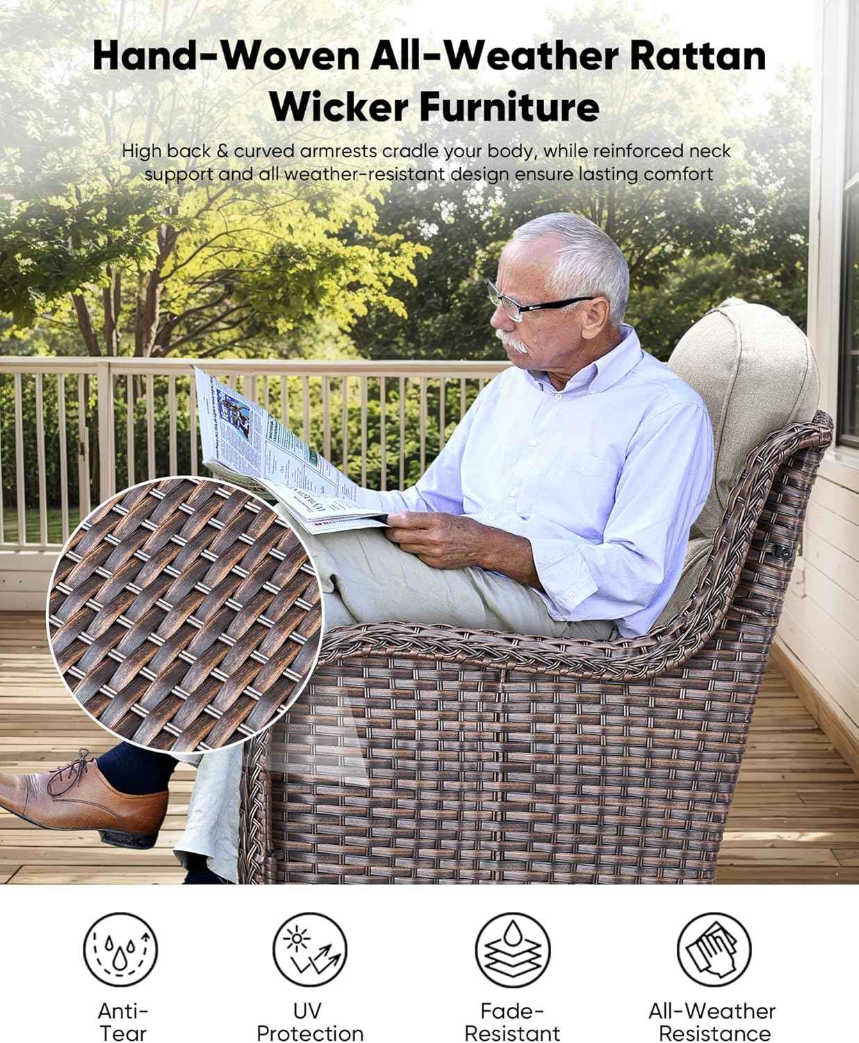HUMMUH 7 Pieces Wicker Patio Furniture Set with Patio Swivel Chairs Set of 4,High Back Outdoor Sofa Ottomans,6 Inch Thick Cushions Outdoor Conversation Set for Porch, Balcony, Deck
