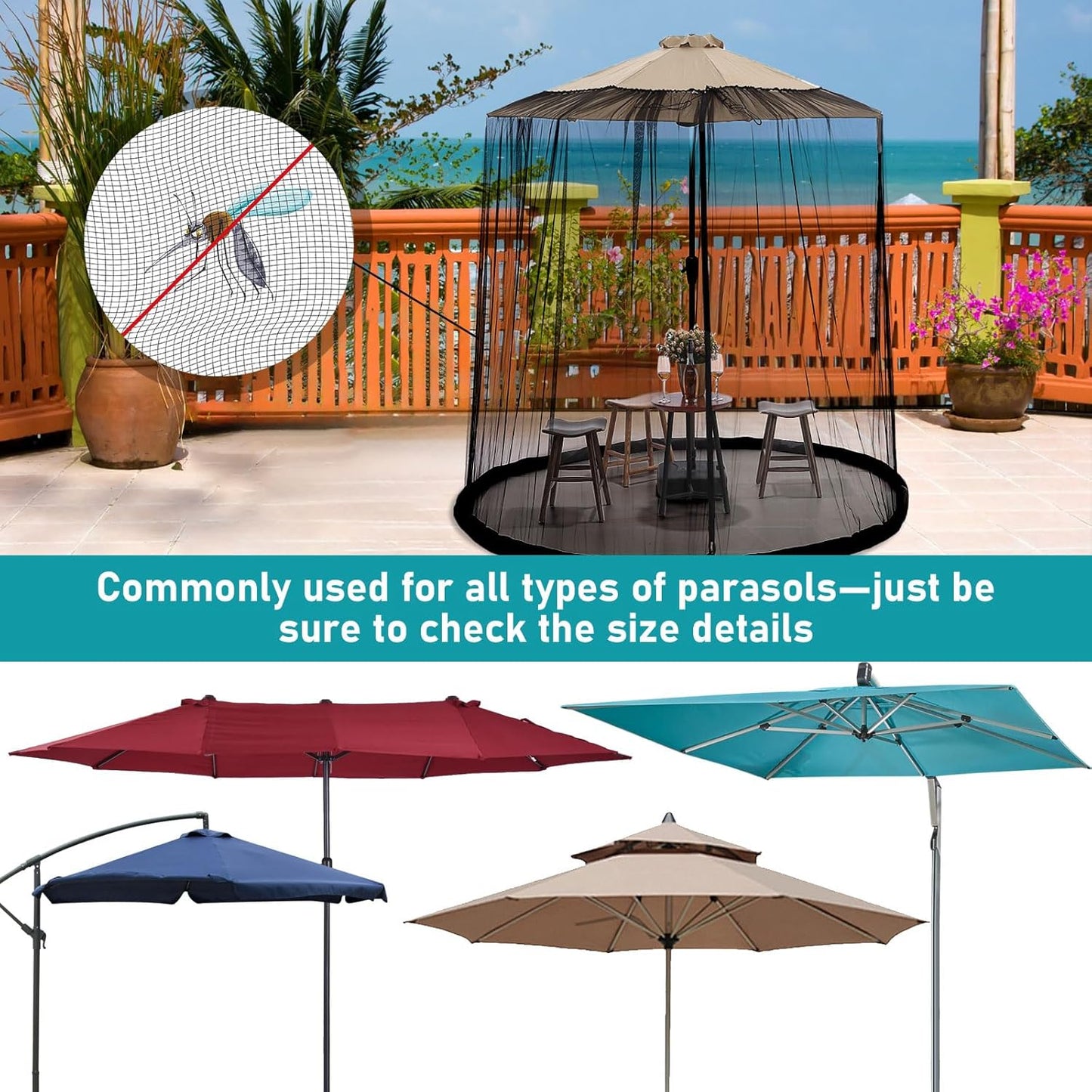 ShowyLive 12x12 Patio Umbrella Mosquito Netting with Zipper 4 Doors & 8 Weight Bag - Adjustable Polyester Mesh Bug Screen for Outdoor Umbrellas, Garden, Patio Tables (Green)