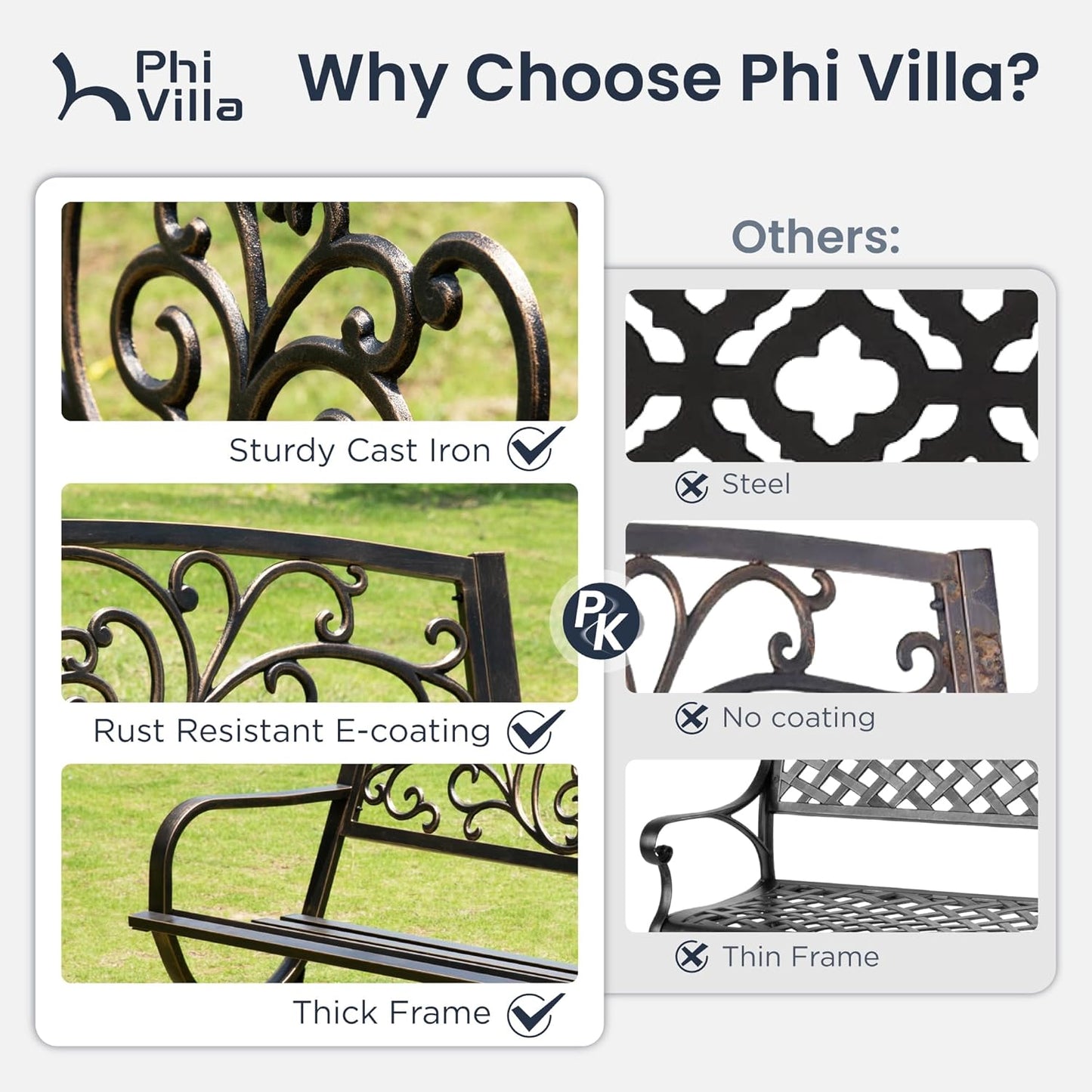 PHI VILLA 50" Garden Bench Outdoor Bench Patio Bench for Outdoors Metal Porch Steel Frame Furniture for Yard