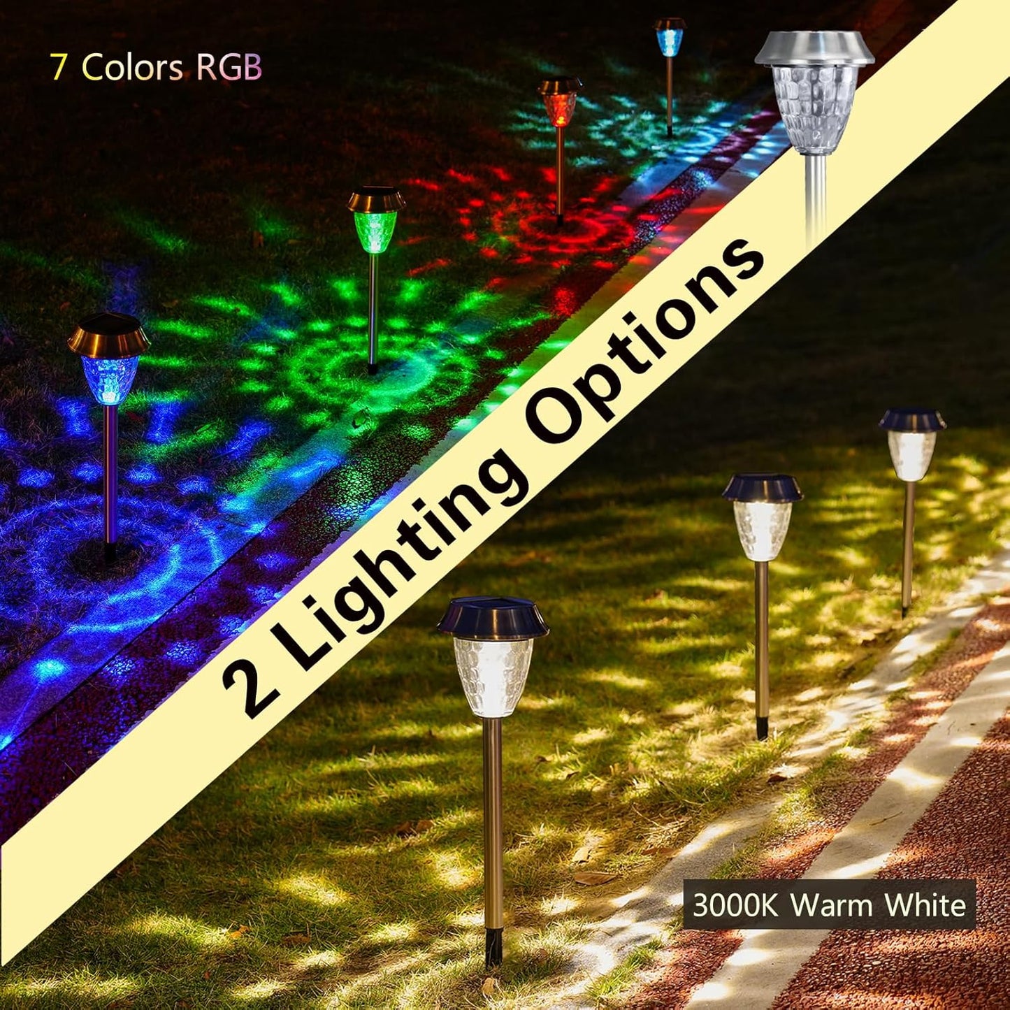 Solar Pathway Lights Outdoor 4 Pack, Glass & Metal Solar Lights with 10 Lumens Brightness, IP65 Waterproof, Warm White & RGB Modes, Decorative Solar Garden Lights for Yard, Walkway, Driveway