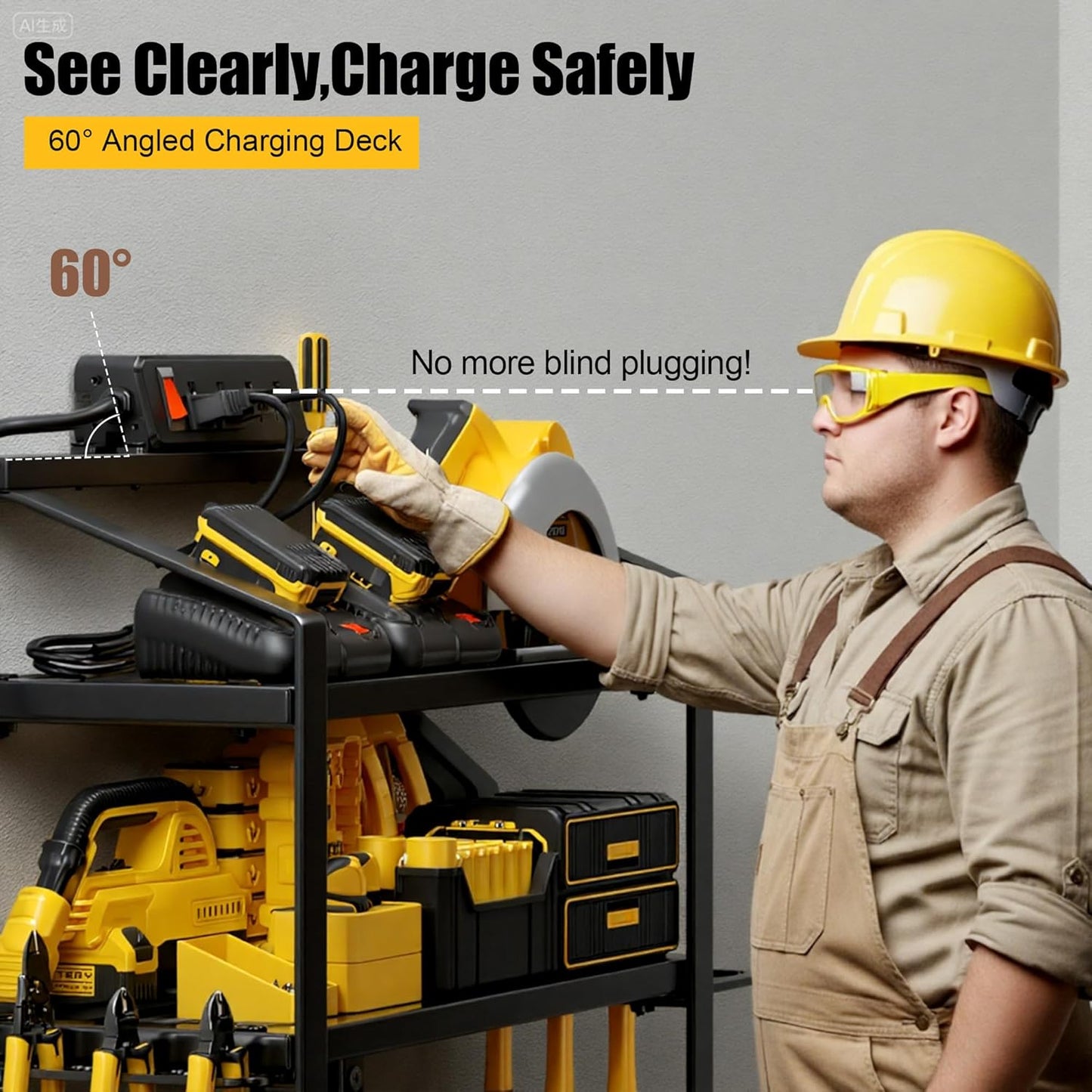 Power Tool Organizer With Charging Station, Heavy Duty Steel 4 Slots, Tool Battery Holder with 4 Outlet Power Strip, Easy To Install Garage Storage Rack for Workshop/Shed Gift For Men