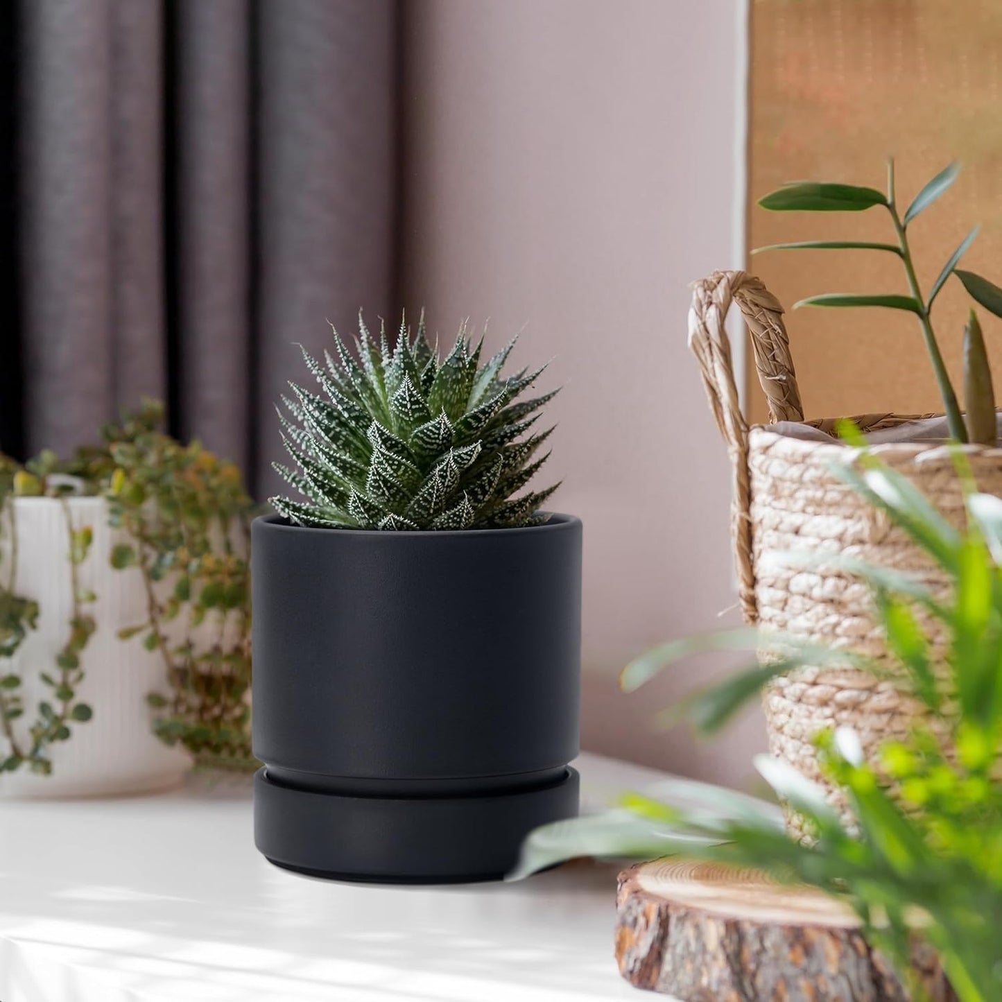 Phoenix Vine 4 Inch Planter Pot with Drainage Hole & Saucer, Deep Water Catch Tray, Straight Cylindrical Round Pot for Plants, Matte Black, Pack of 1, 23-C-R-1