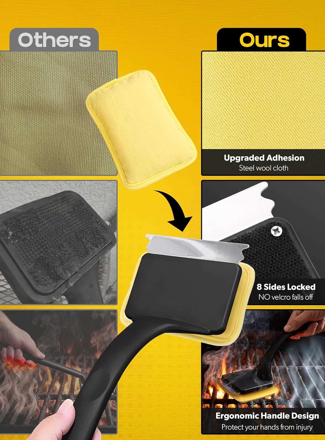 MEKER Grill Brush Bristle Free, Grill Brush and Scraper with 5 BBQ Replacement Head, Grill Cleaning Brush BBQ for Cast Iron, Stainless Steel Grates, Safe Grill Scraper Outdoor BBQ Grill, Black