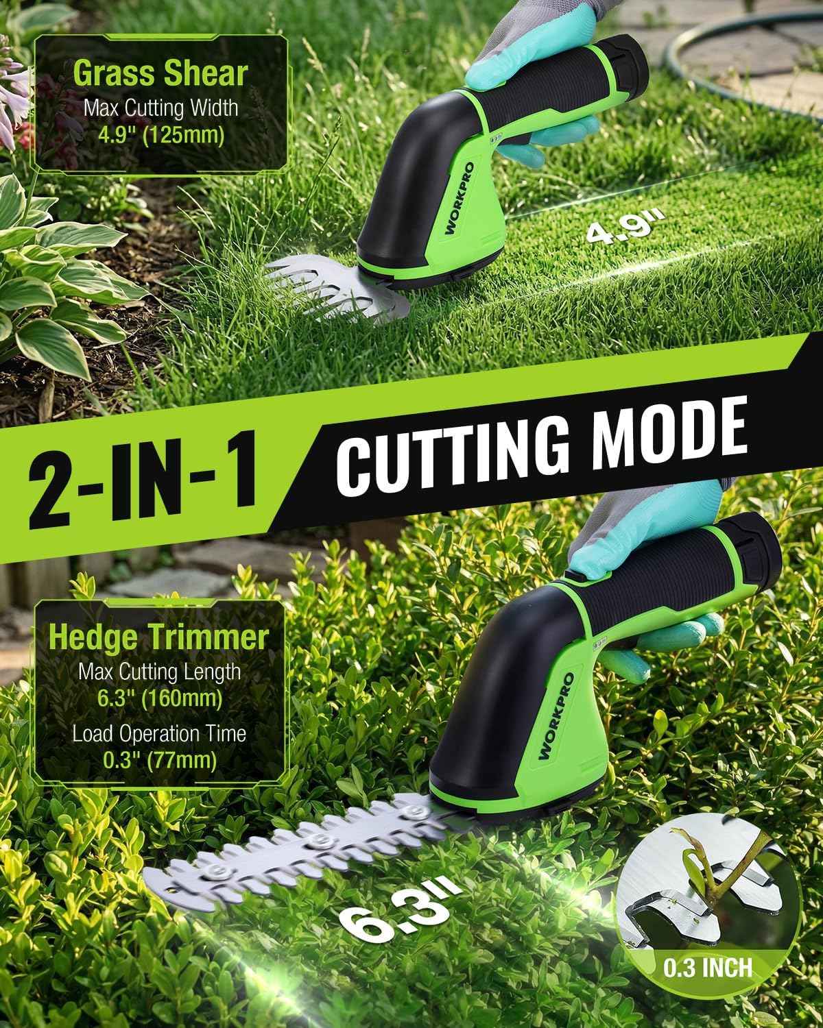 WORKPRO 12V Cordless Grass Shear, 2-in-1 Electric Hedge Trimmer & Grass Cutter, with 2.0Ah Rechargeable Battery, 1-Hour Fast Charger, Lightweight Handheld Bush Trimmer for Lawn and Garden