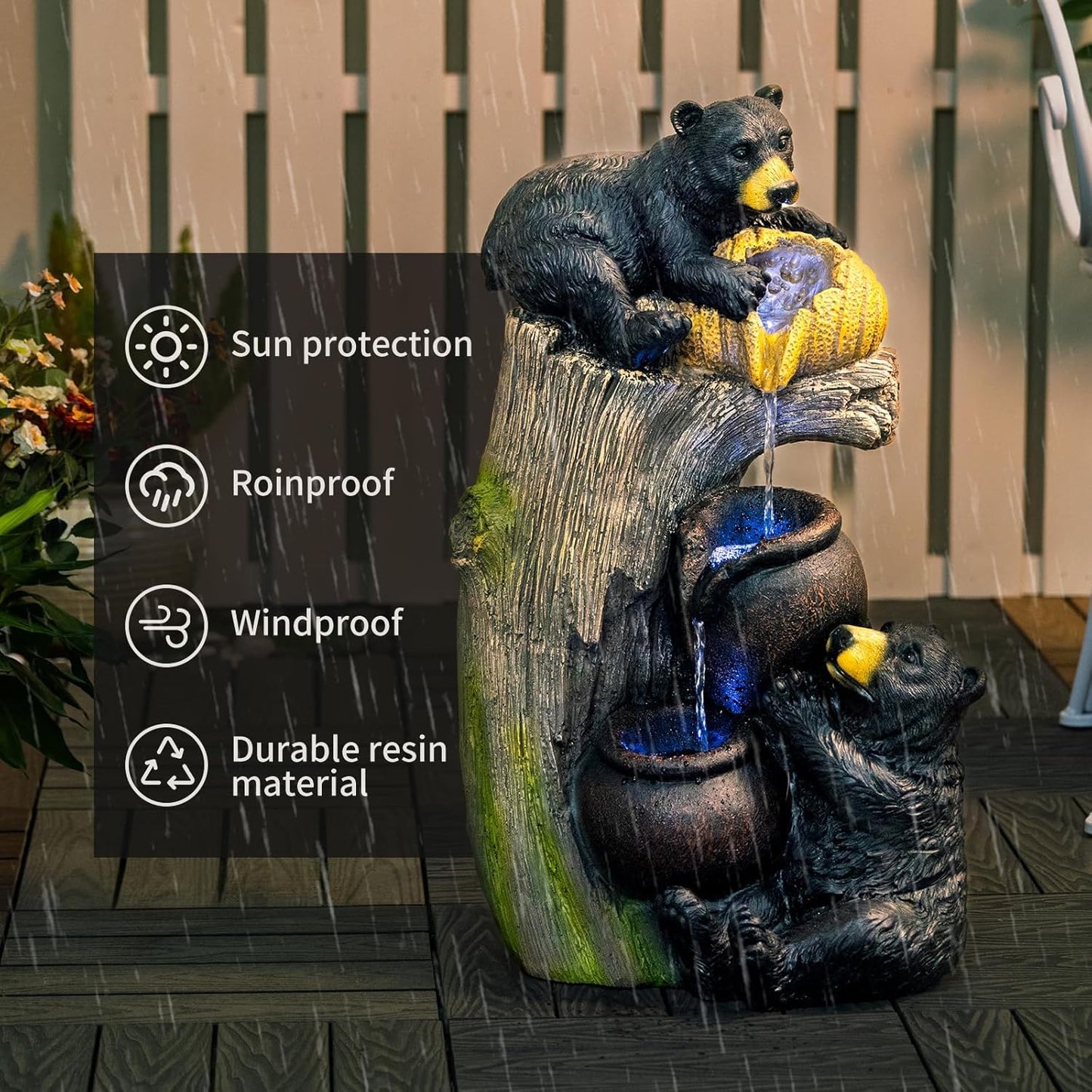 23.62" H Bear Outdoor Garden Water Fountain with LED Lights, 3-Tier Cascading Waterfall Freestanding Decor Water Feature for Patio, Yard, Balcony, Garden Decor, Weather-Resistant Resin, Brown Grey