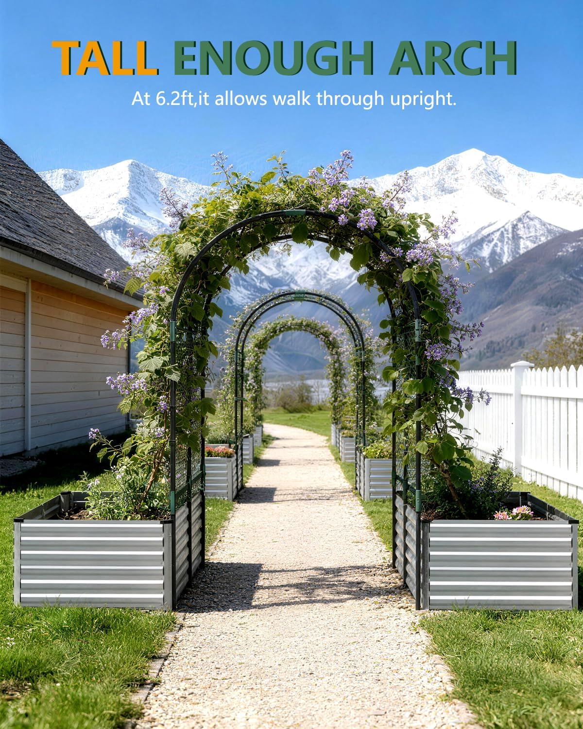 Raised Garden Bed with Arch Trellis for Climbing Plants,Galvanized Raised Garden Bed, Planter Boxes Outdoor for Vegetables Flowers Herb,269 Gallon Capacity Silver
