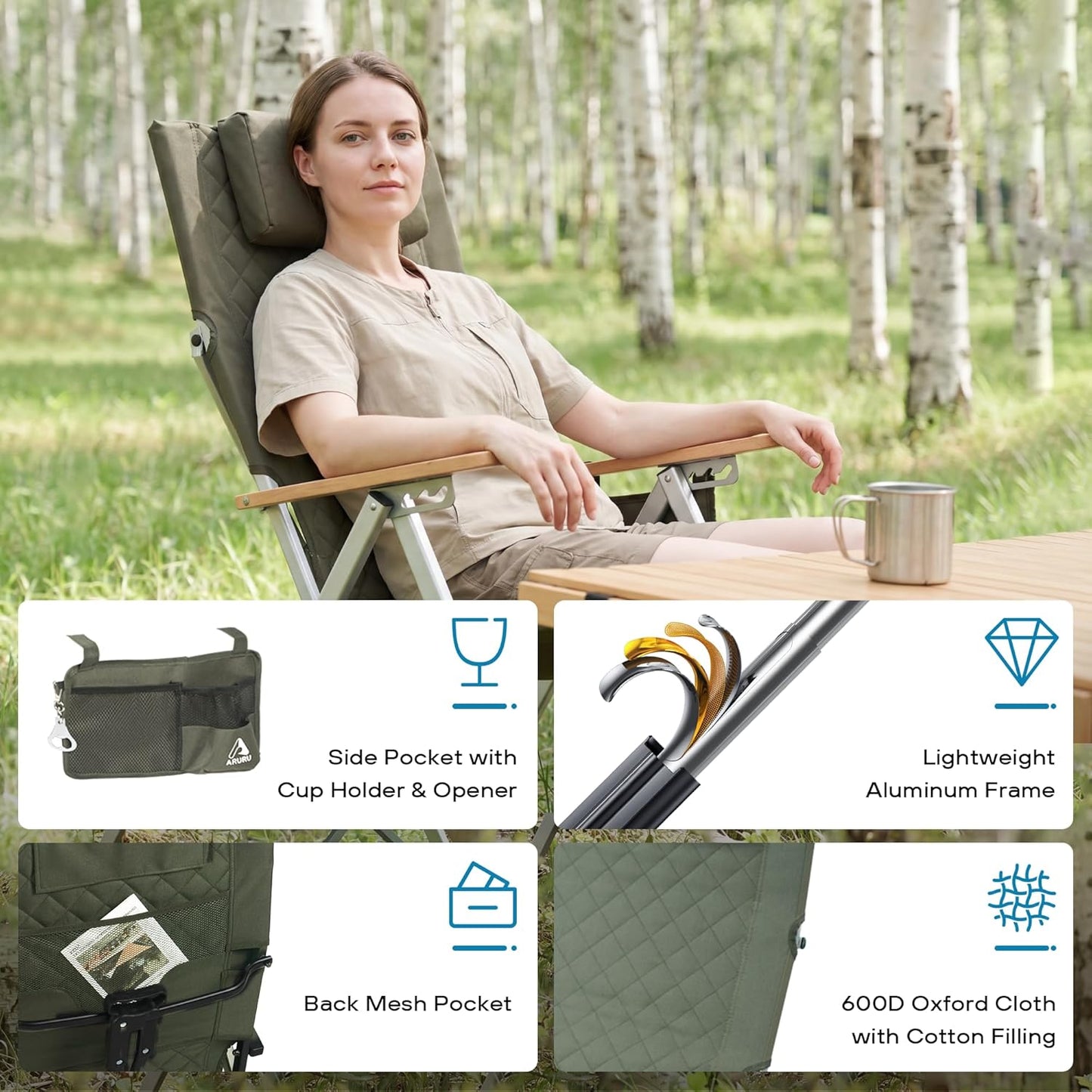 Aluminum Reclining Camping Chair, Heavy Duty Folding Lawn Chairs with 4-Stage Adjustable High Back for Adults, Compact Foldable Outdoor Patio Reclining Chair (Green, 1 Pack)