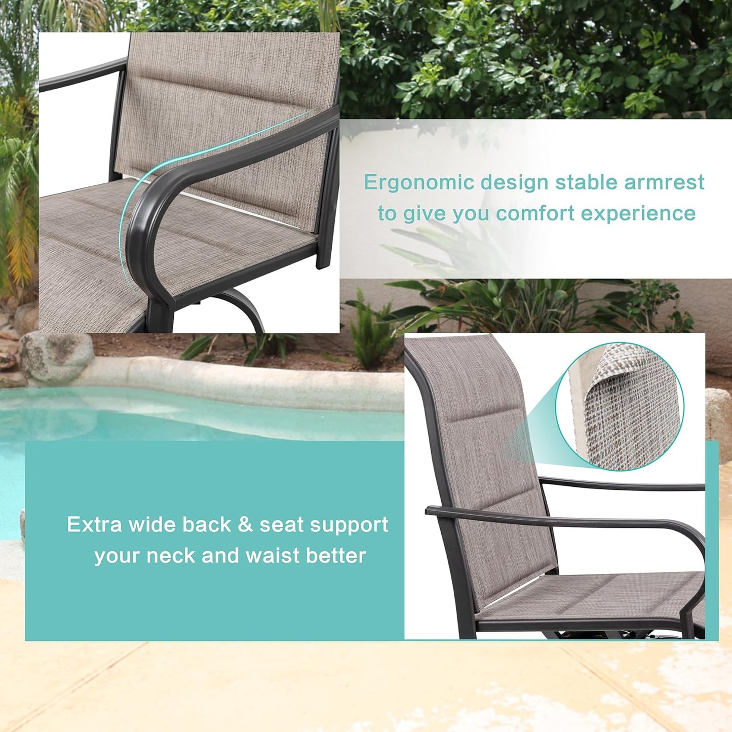Vongrasig 6 Piece Outdoor Patio Swivel Bar Chairs, All Weather Padded Sling Textile High Top Bar Stools, Bistro Set for Backyard, Lawn Garden, Balcony, Gray