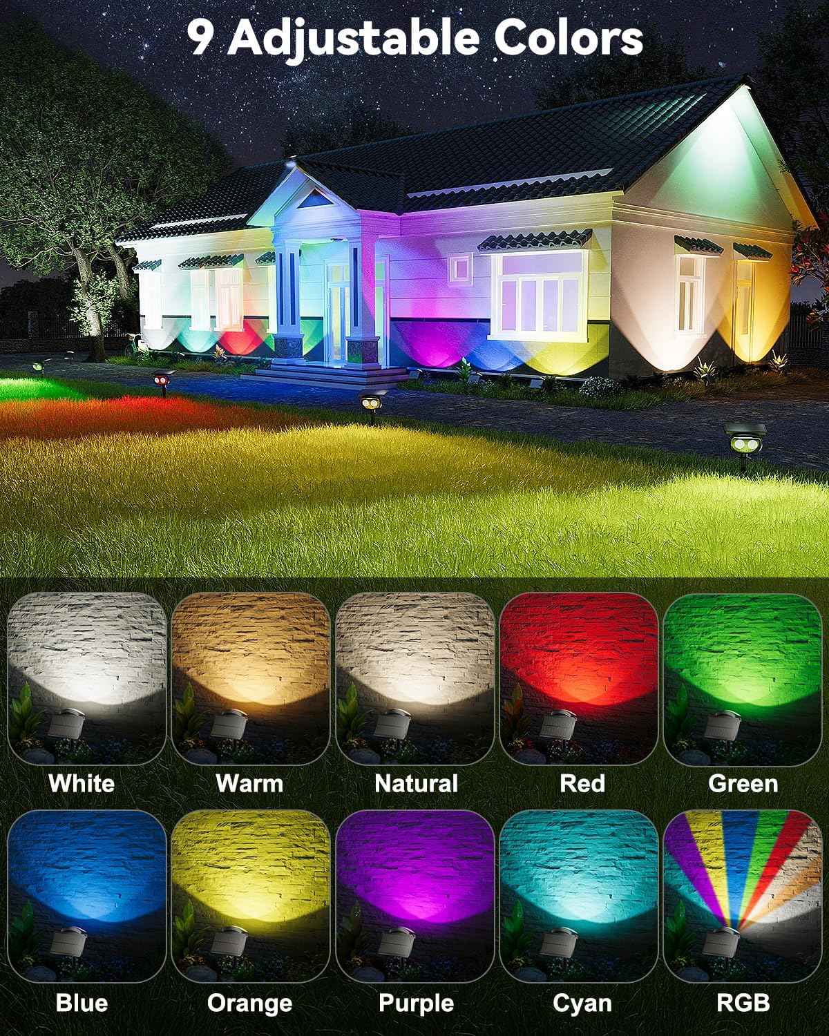 Solar Spot Lights Outdoor Waterproof IP68, RGB Colors Changing Solar Lights with 4 Lighting Modes, Solar Powered Lights Outdoor for Garden Yard Outside Landscape (2Pack)