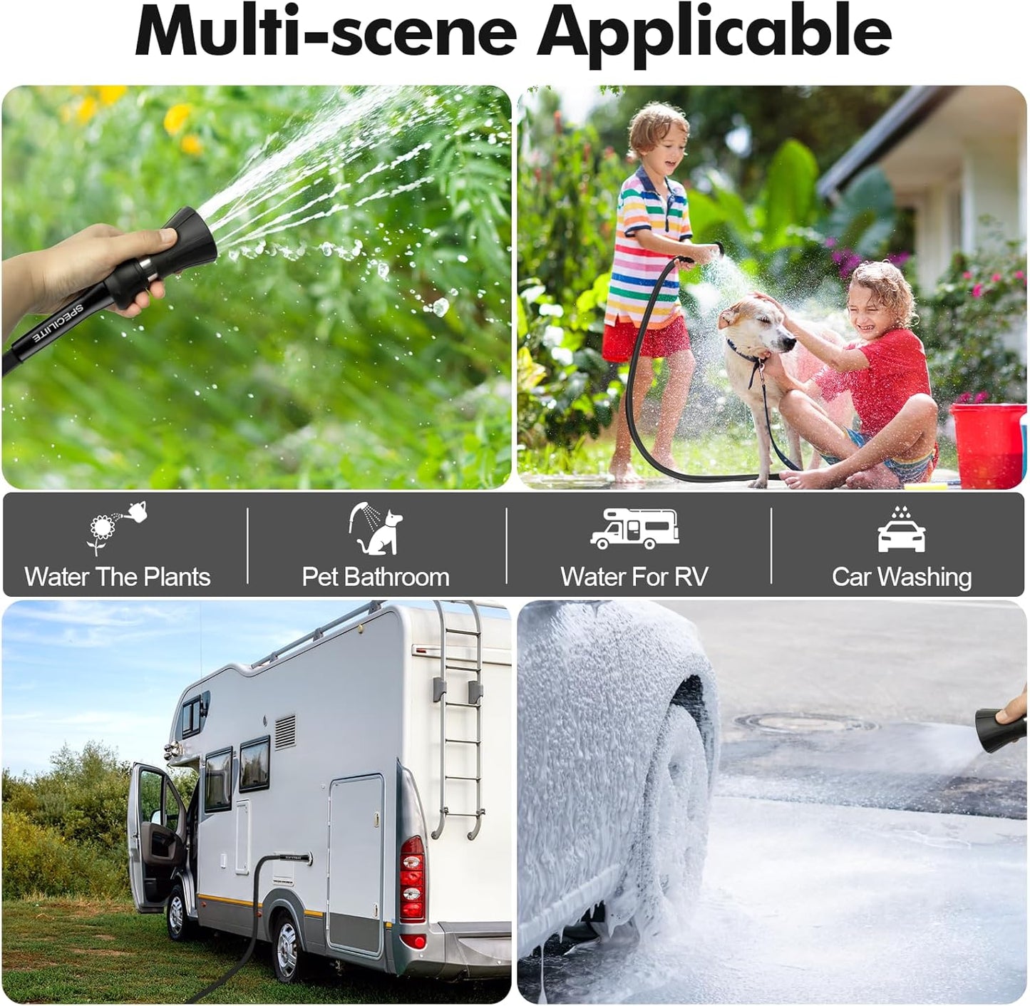 SPECILITE 3/4" Garden Hose 50 ft with High Flow Nozzle, Heavy Duty Flexible Hybrid Rubber Water Hose for Outdoor, Lightweight, Leak-Proof, No-Kink, 3/4"Brass Fittings,Black