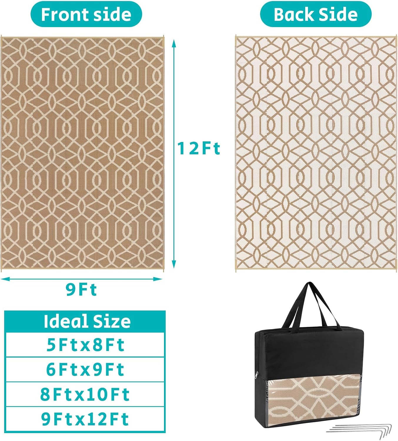 HEBE Outdoor Rug Waterproof 9x12, Reversible Plastic Straw Rug RV Camping Rug, Indoor Outdoor Patio Mat Clearance, Outside Carpet for Porch,Deck,Camper,Balcony,Backyard,Picnic