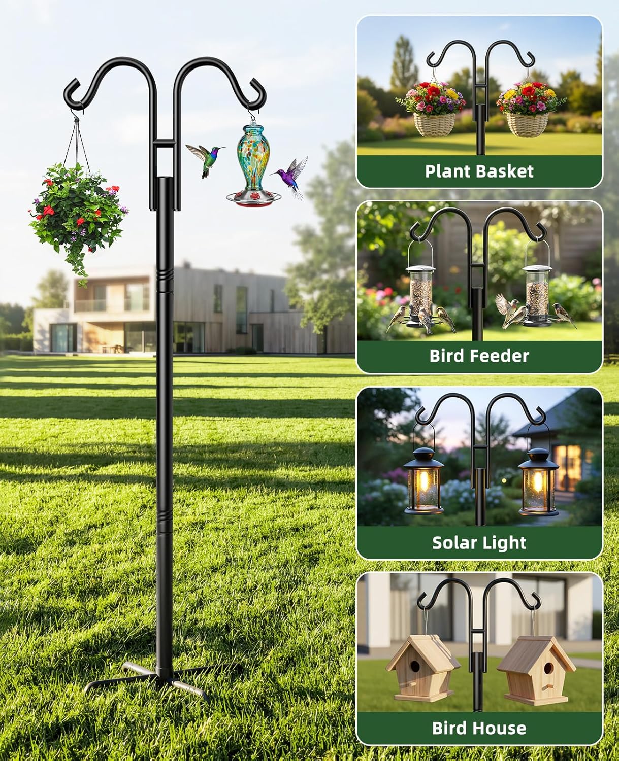 Double Shepherds Hooks, 76 Inch Bird Feeder Pole with 5-Prong Base, 3/4 Inch Thick Heavy Duty Adjustable Garden Hooks for Hanging Plants, Hummingbird Feeder, Solar Lights, Lantern Outdoor Garden Decor