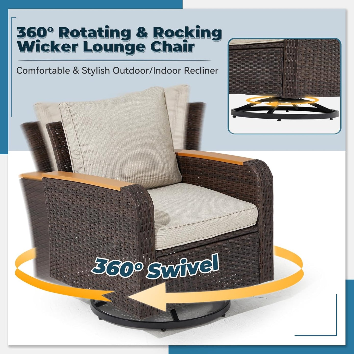 5 Pieces Outdoor Furniture Set with Swivel Chairs, Patio Wicker Patio Furniture Sets for Porch Deck Bistro Lawn Garden Backyard Poolside-Khaki
