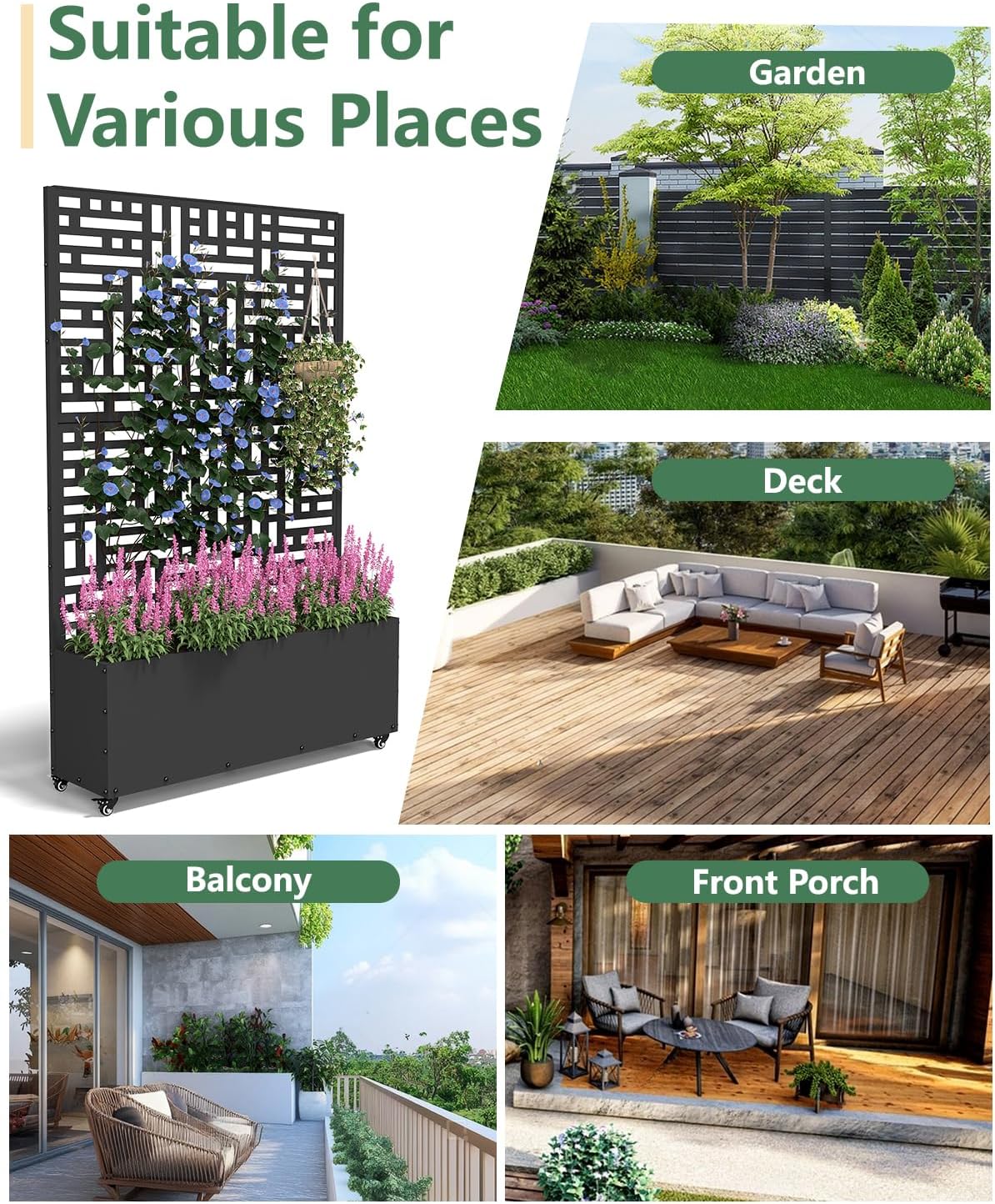 Metal Planter Box with Trellis,70.9"x47.2"x15.7" Raised Garden Bed with Drainage Holes, Privacy Planters for Outdoor Garden Bed for Climbing Plants,Vegetables,and Vines,Black-Modular
