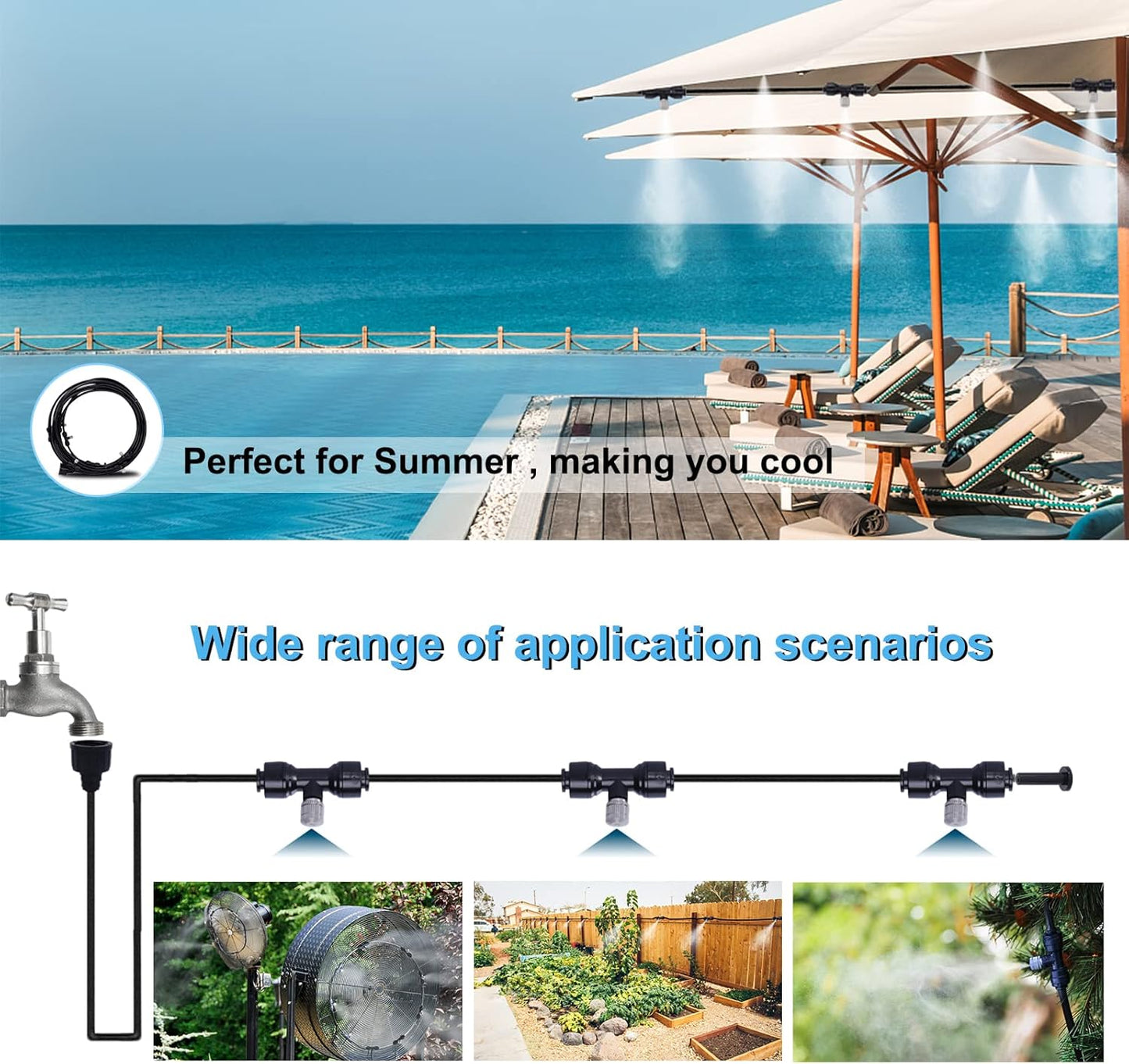 Fogalnd Patio Misting System : Outdoor Misting System 49ft Misting Cooling System with 16pcs 0.024" Orifice Thread Stainless Steel Misting Nozzle for Garden Greenhouse Gazebo