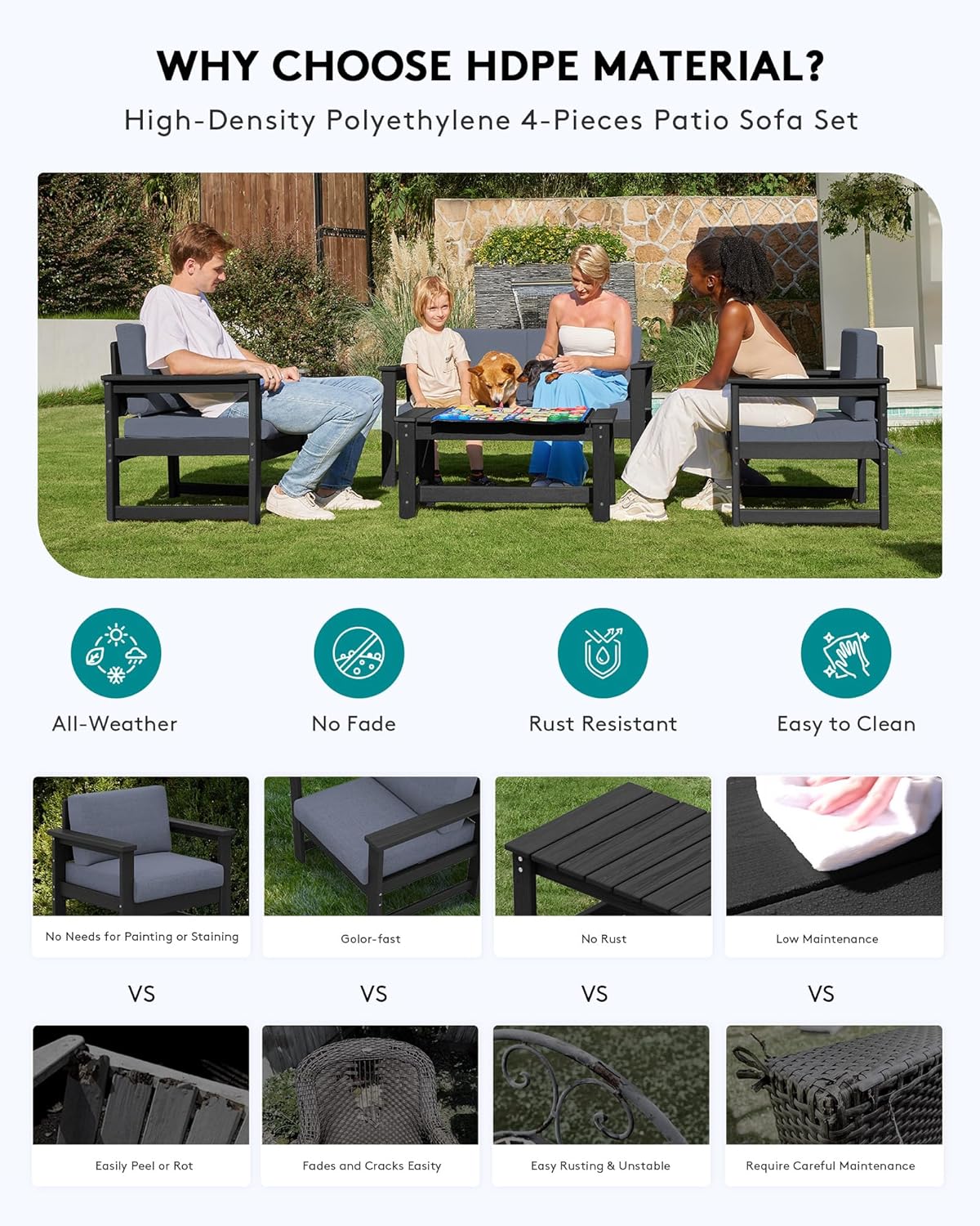 SERWALL 6 Pieces HDPE Outdoor Conversation Sofa Set with Cushions, All Weather Couch Loveseat Furniture with Coffee Table and Cushion, Outdoor Social Sofa Set, Black Frame with Grey Cushions
