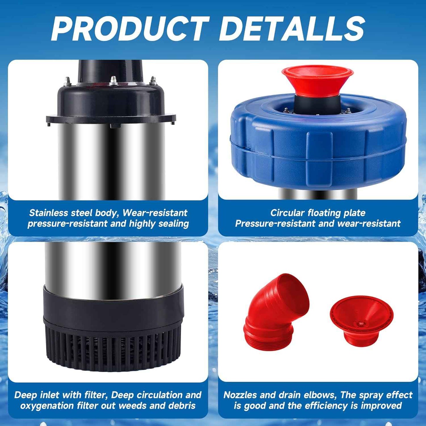 Pond Fountain Aerator-15000 GPH Fully Automatic Powerful Lake Floating Fountain, 1HP/750W 110V, 100ft power cord, 2 * 100ft guide ropes, Suitable For Ponds And Landscape Fountains (Stainless steel)