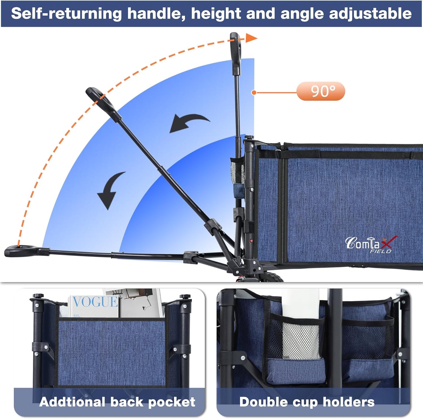 Collapsible Wagon Cart Foldable with Big Wheels Brakes, 250lbs Folding Utility Lightweight Garden Wagon, Portable Grocery Cart for Camping Shopping Sports Pets, Blue