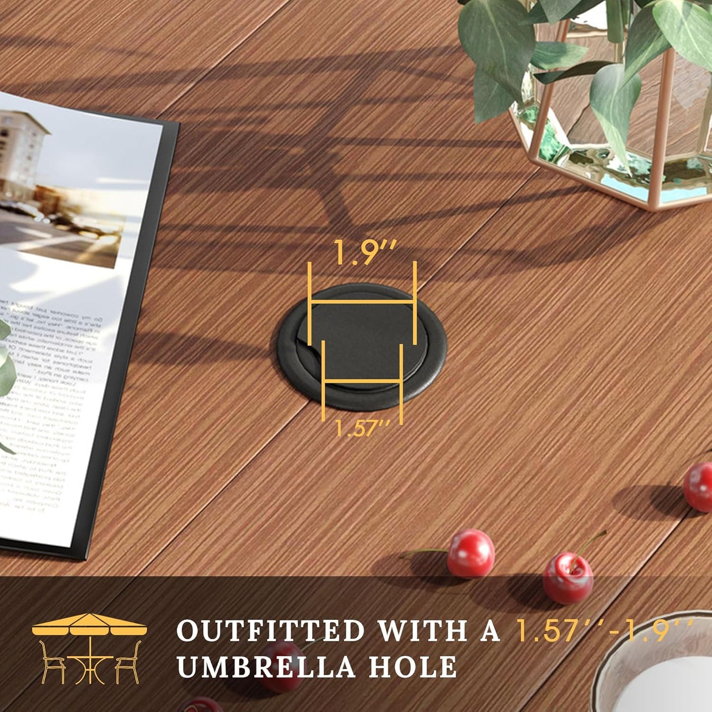 VICLLAX Patio Dining Set for 6, Outdoor Furniture Set Includes 63" Rectangle Patio Table and 6 Patio Sling Chairs, Outdoor Table and Chairs for Outsides, Walnut Tabletop and Brown Fabric