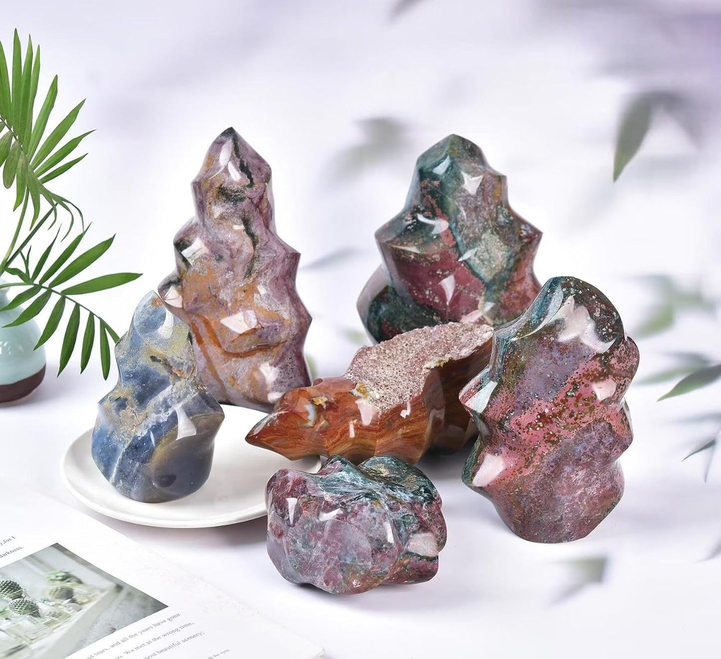 AMOYSTONE Ocean Jasper Flame Shaped Stone Towers Obelisk Natural Healing Crystal Quartz Reiki Energy Decoration Home Office Decor 1.5-2.2LBS