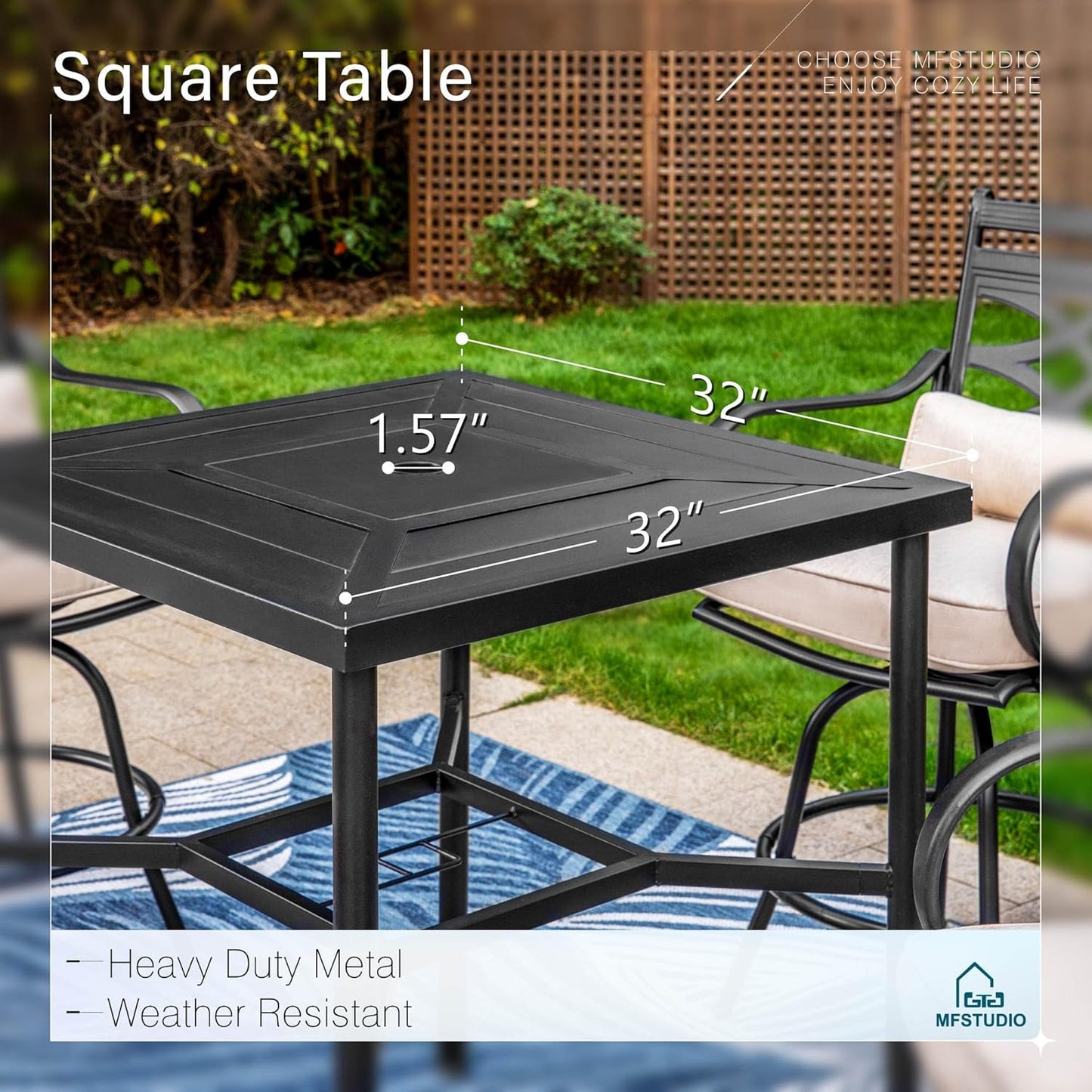 MFSTUDIO 5 PCS Outdoor Patio Bar Sets, Heavy Duty Metal 4 Swivel Counter Height Chairs with Seat & Back Support Cushion, 1 Square Metal High Table, Black