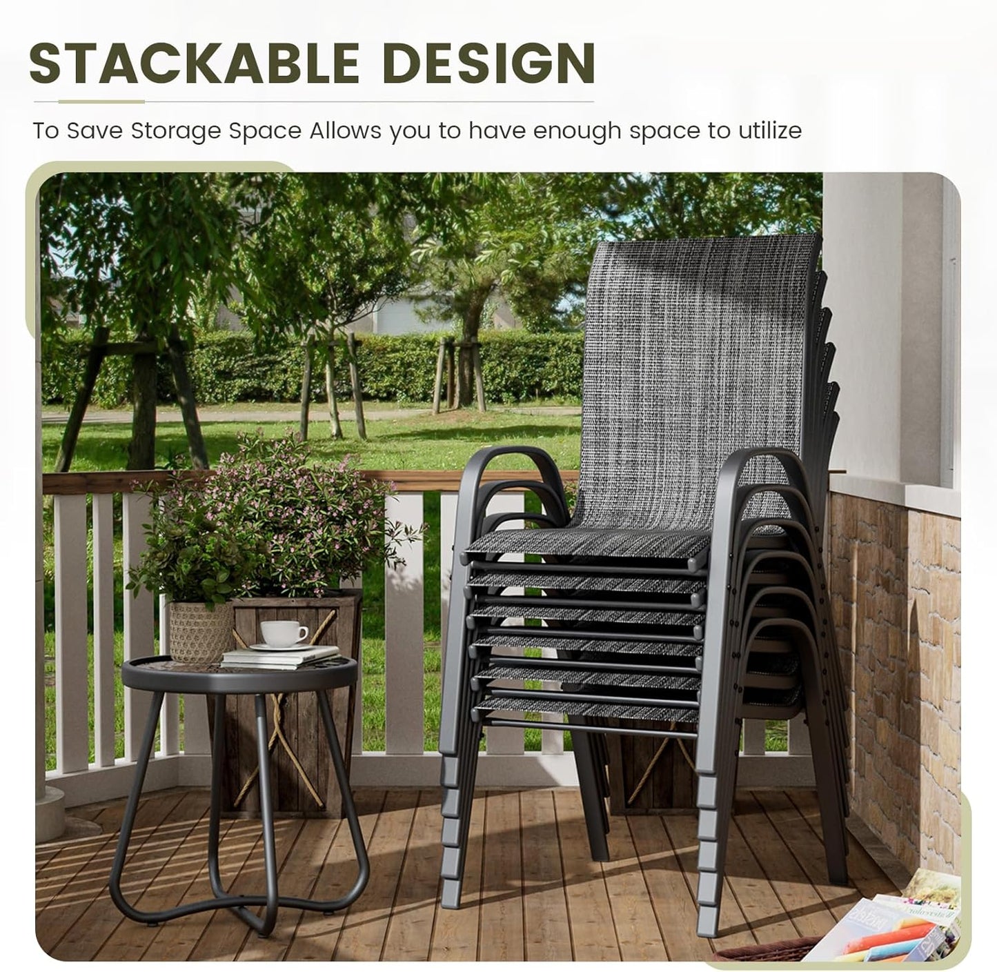 UDPATIO Patio Dining Set of 7, Outdoor Table and Chairs Set with Square Metal Table, 6 Stackable Patio Chairs with High Back, Outdoor Furniture for Deck Garden Backyard Lawn Poolside (Dark Grey)