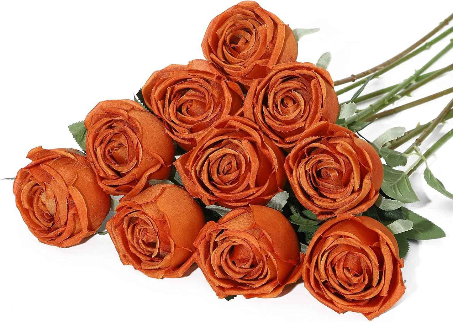 Coferset 10 Pcs Fake Roses, Artificial Silk Rose Flowers with Long Stems,Realistic Faux Roses for Vase Home Wedding Table Centerpieces Baby Shower Decor (Burnt Orange)