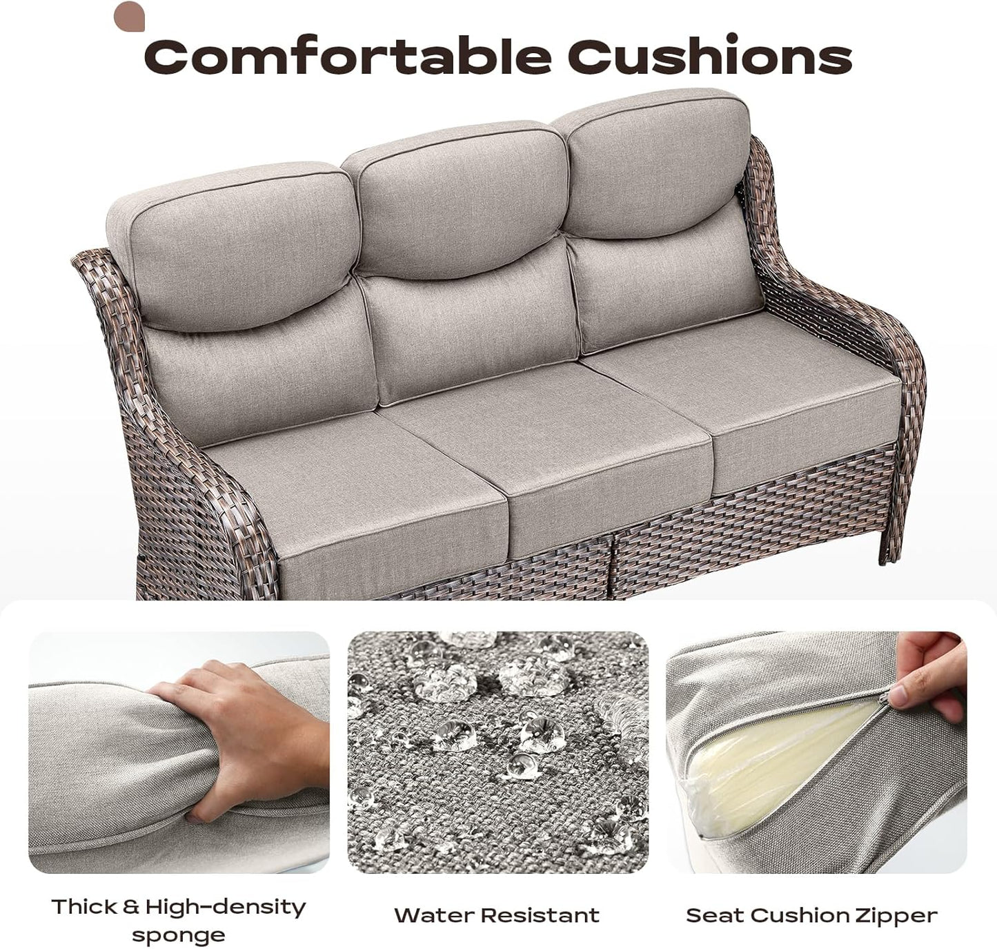 Wicker Outdoor Patio Furniture Set - 7 Piece Patio Conversation Sets with Swivel Rocker Chairs, Ottomans and Sofa, 6 inch Cushions, Waterproof Wicker, for Porch Deck Brown/Beige