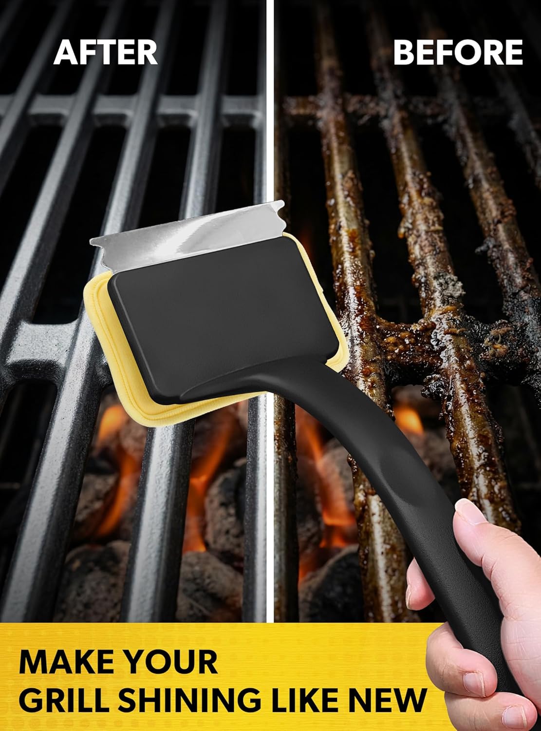 MEKER Grill Brush Bristle Free, Grill Brush and Scraper with 5 BBQ Replacement Head, Grill Cleaning Brush BBQ for Cast Iron, Stainless Steel Grates, Safe Grill Scraper Outdoor BBQ Grill, Black