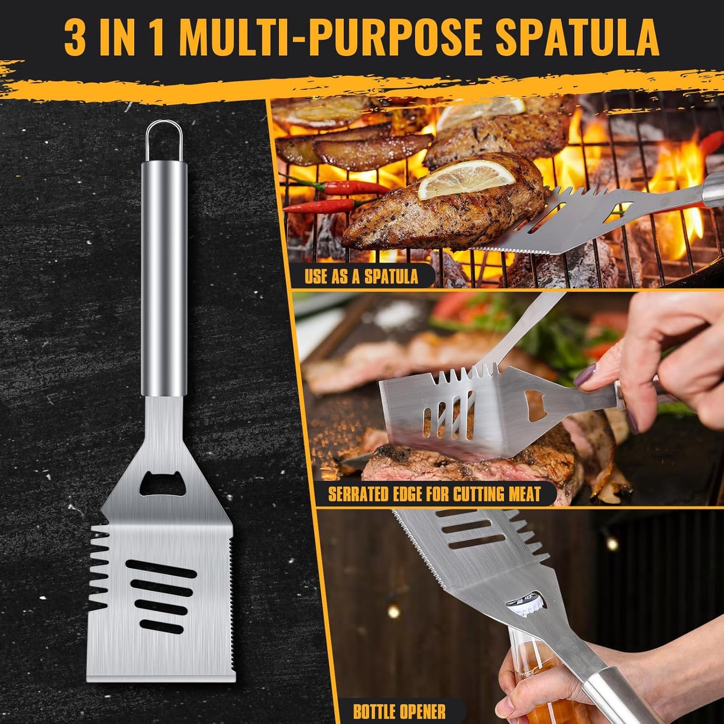 BBQ Grill Tools Set 16-inch Heavy Duty, 6 Pcs- Barbecue Utensils Kit for Camping, Kitchen, Outdoor Cooking,Suitable as a Gift for Men, Fathers, Friends