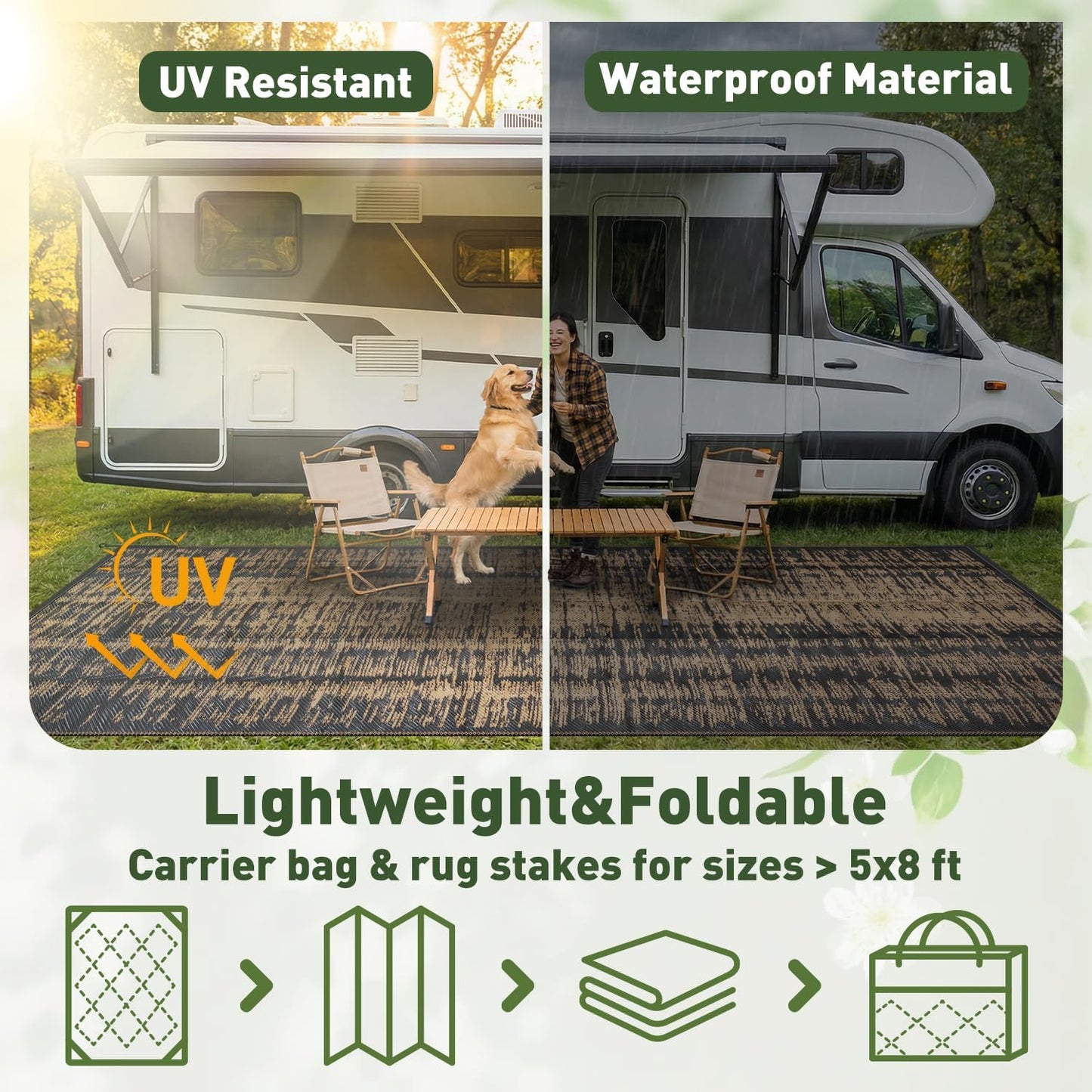 MontVoo Outdoor Rug Waterproof 5x8 ft Outdoor Carpet Patio Rug Mat Reversible RV Camping Rug Plastic Straw Outside Rug for Balcony Porch Deck Picnic Beach Modern Black Brown