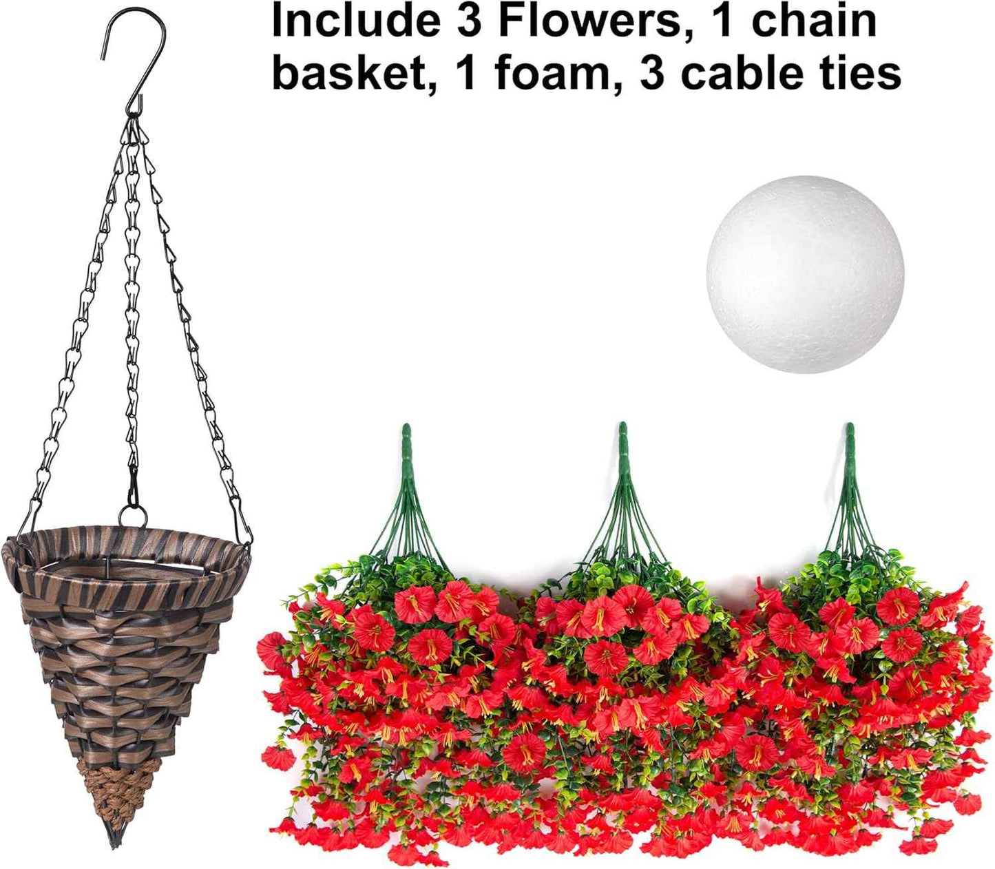 Artificial Hanging Flowers with Basket Outdoors Fake Flowers Plants for Winter Christmas Decor,3PCS Faux Red Silk Morning Glory Flower with Eucalyptus Realistic Vines for Home Porch Patio Balcony Yard