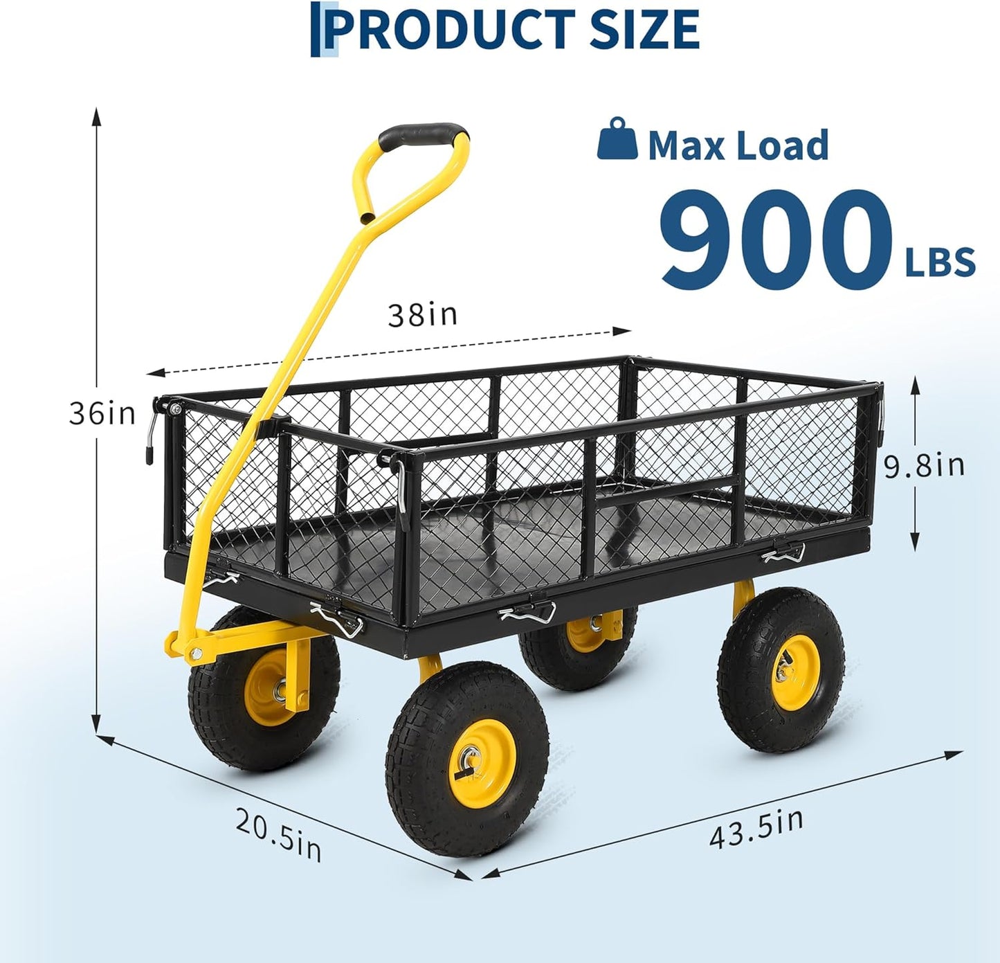 900 Lbs Heavy Duty Steel Garden Cart, Garden Wagon Cart on Wheels, Outdoor Metal Yard Utility Wagon Carts with and Mesh Removable Sides(Convert to Flatbed) and 180°Rotating Handle,Black