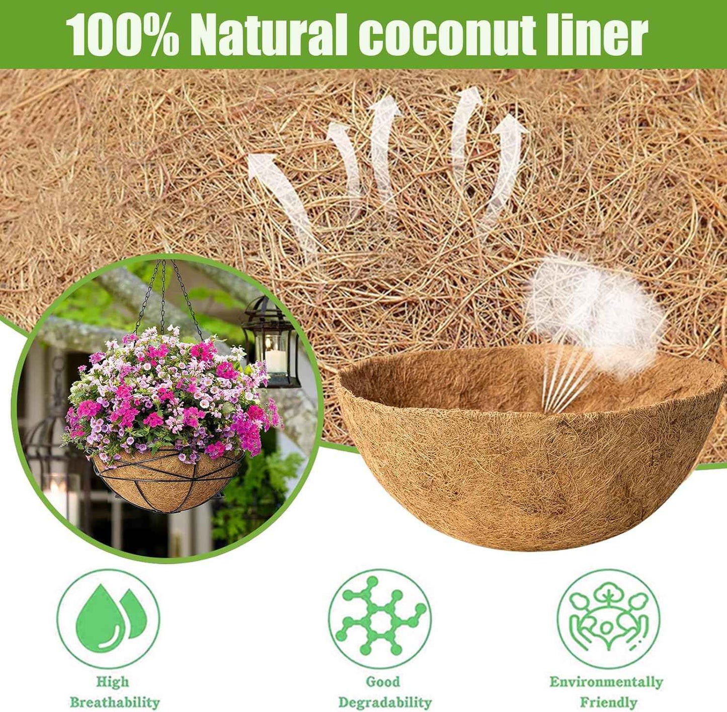 24 Inch Natural Coconut Fiber Liner for planters Round Coco Replacement Liners for Hanging Flower Basket Planter Extra Large Coco Coir Pots for Outdoor Garden Plants – 2 Pack